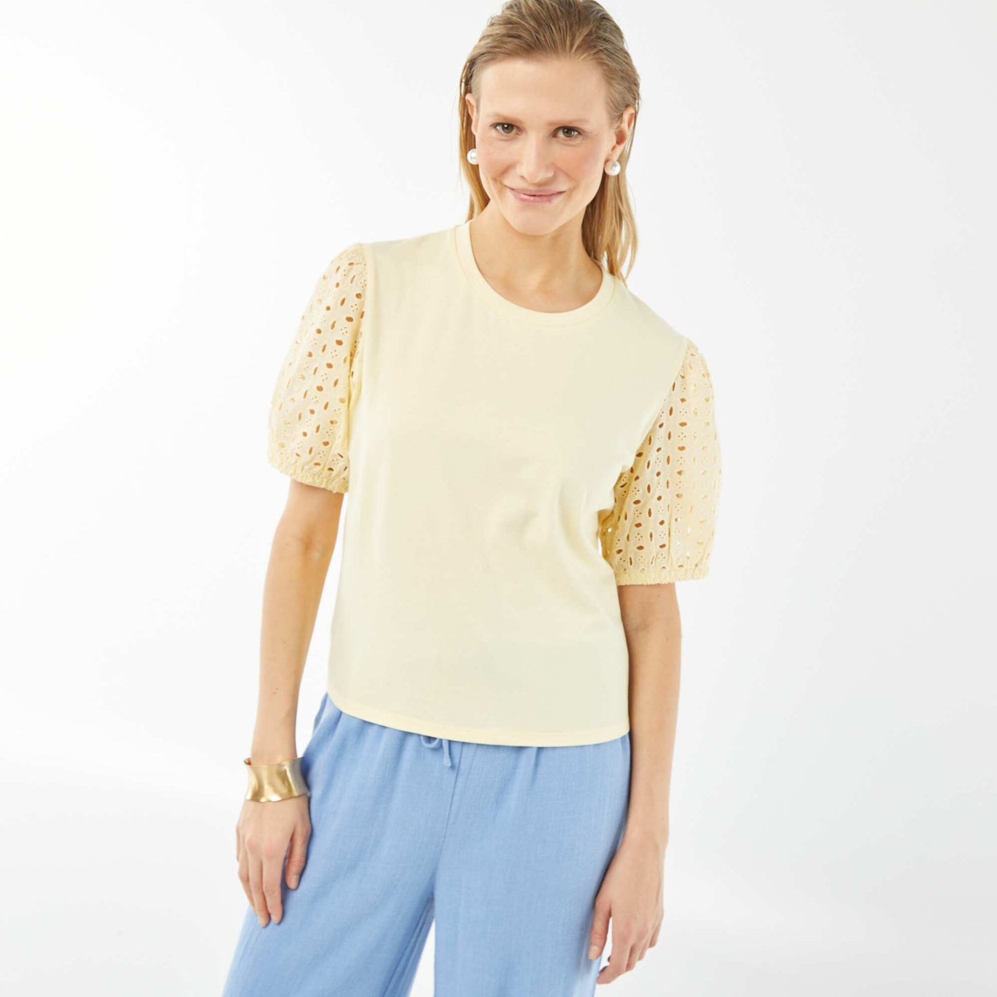 T-shirt uni manches courtes avec borderies anglaises JAUNE