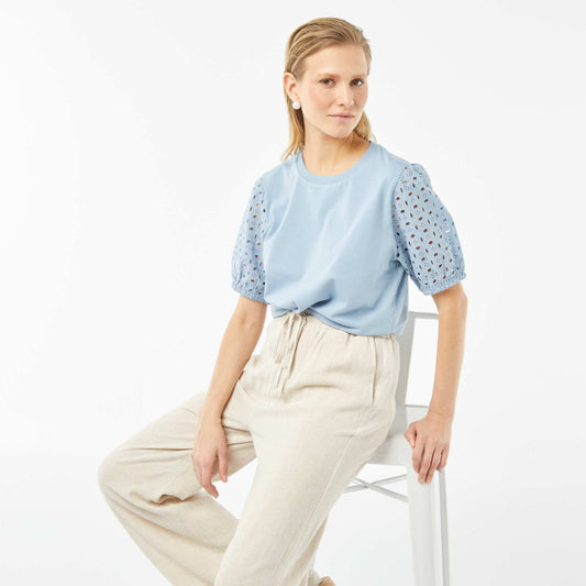 T-shirt uni manches courtes avec borderies anglaises BLEU