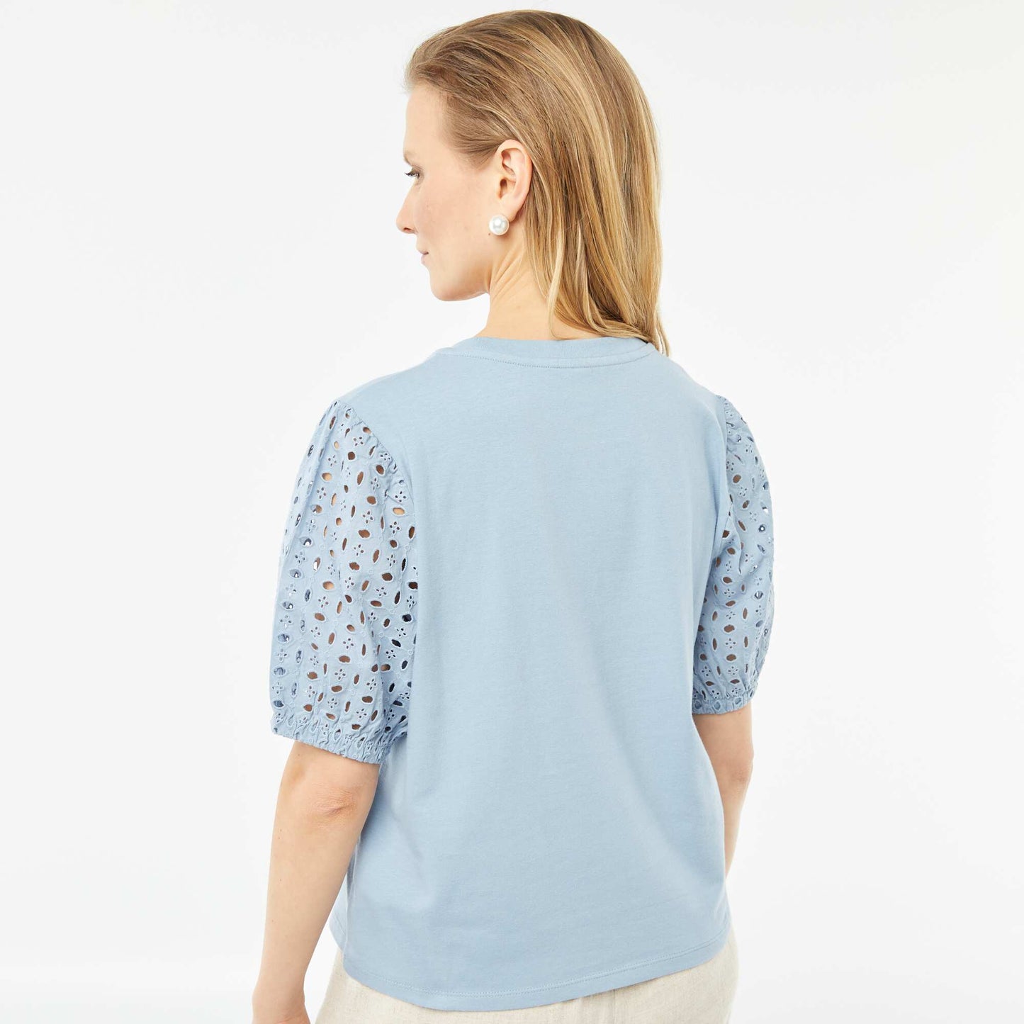 T-shirt uni manches courtes avec borderies anglaises BLEU