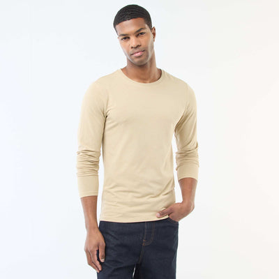 T-shirt uni à manches longues et col rond BEIGE