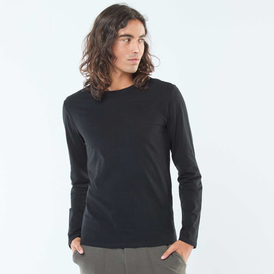 T-shirt uni à manches longues et col rond NOIR