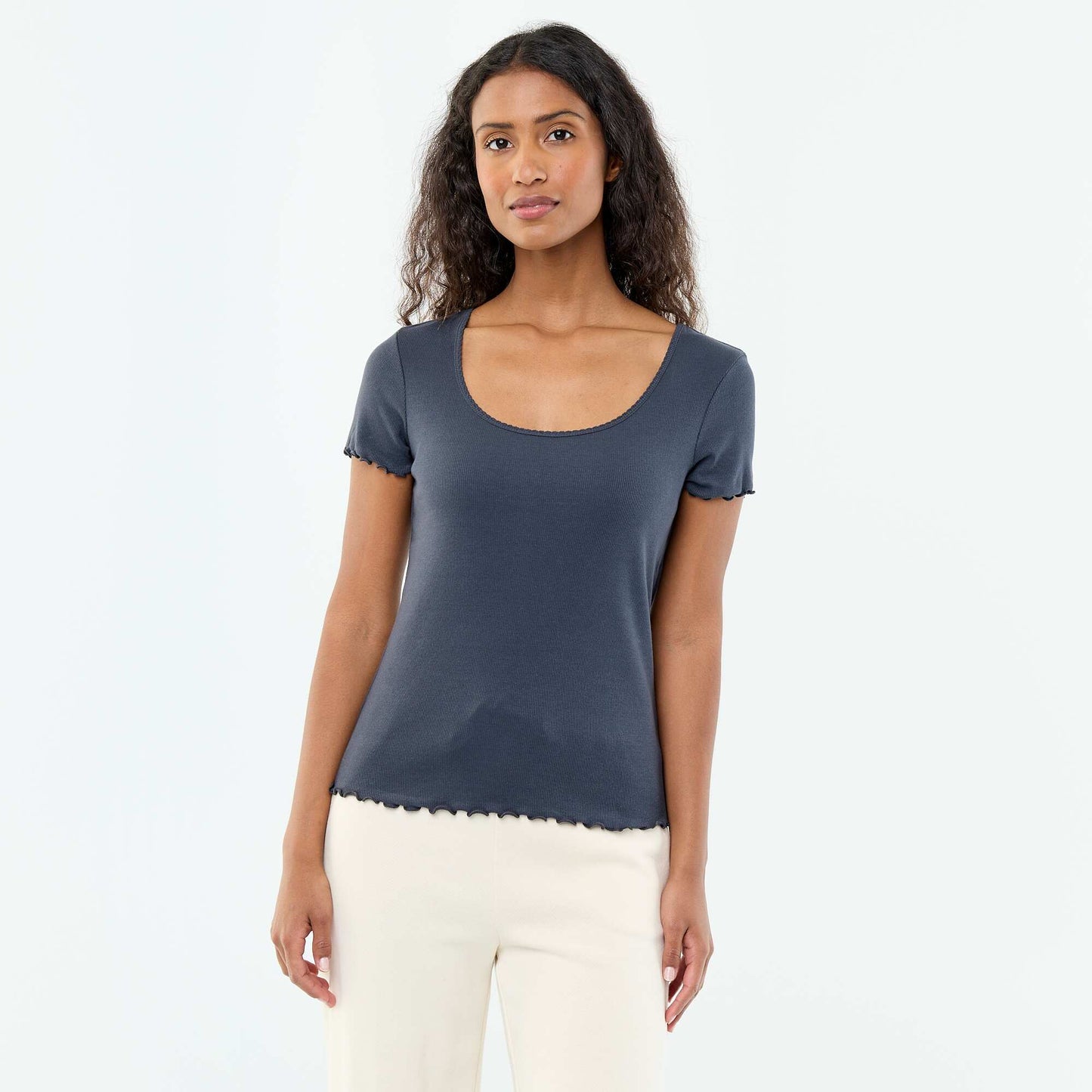 T-shirt uni en maille côtelé manches courtes BLEU