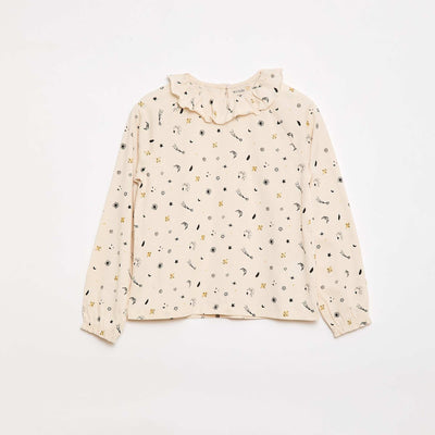 T-shirt col volanté animé en coton BEIGE
