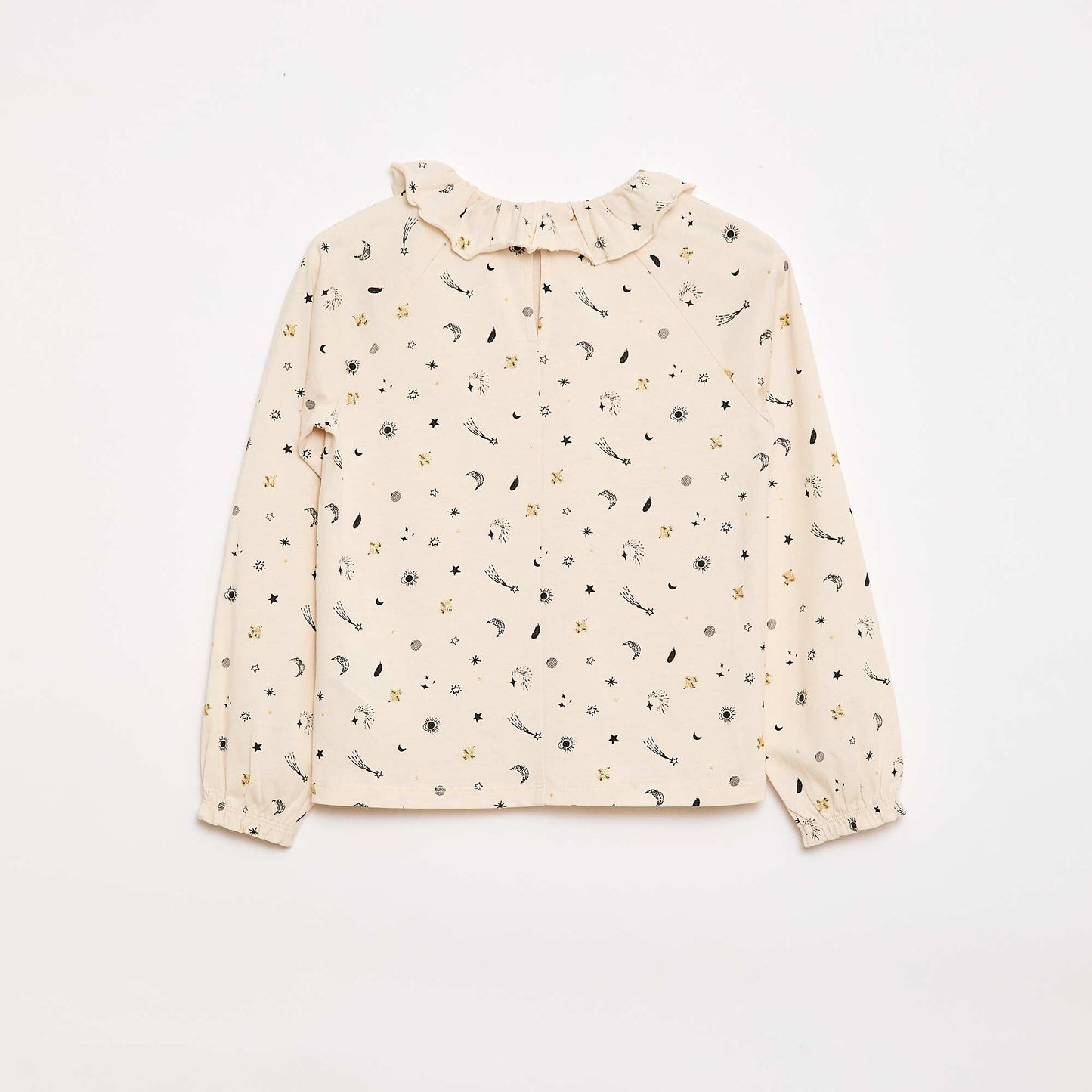 T-shirt col volanté animé en coton BEIGE