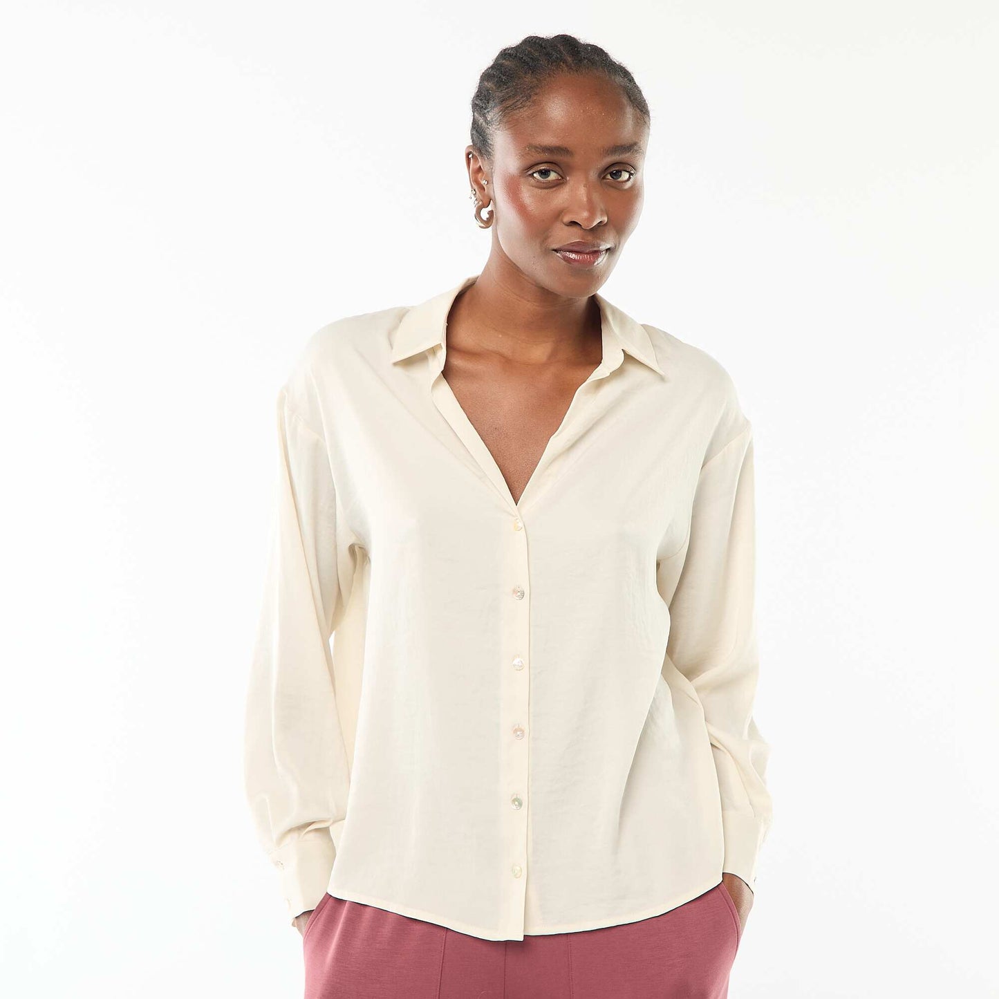 Chemisier manches longues en satin uni BEIGE