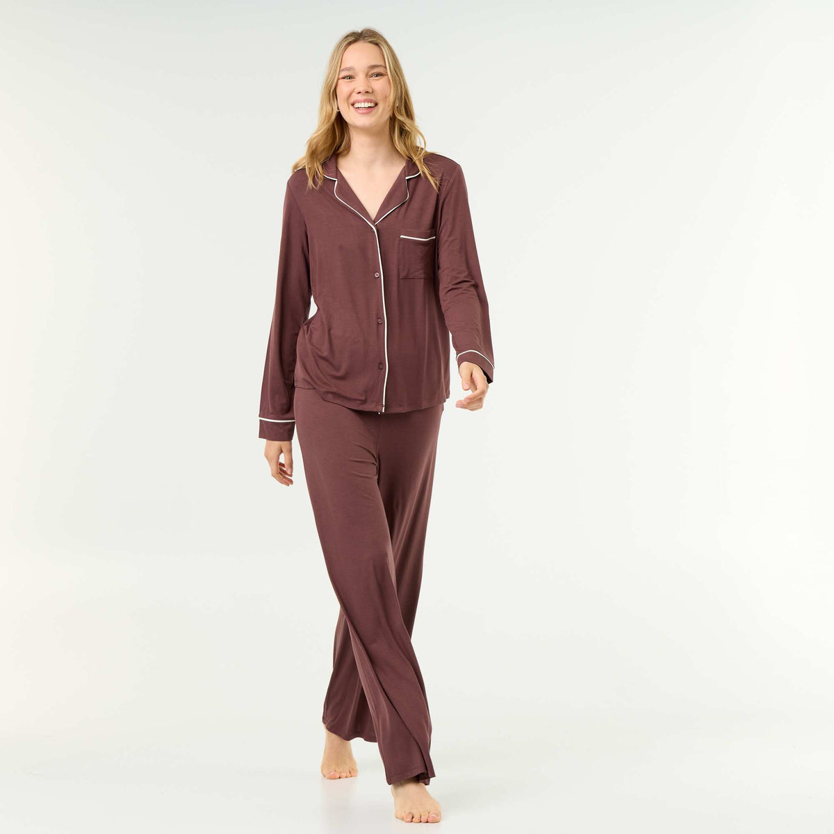 Pyjama long en maille douce stretch - 2 pièces MARRON