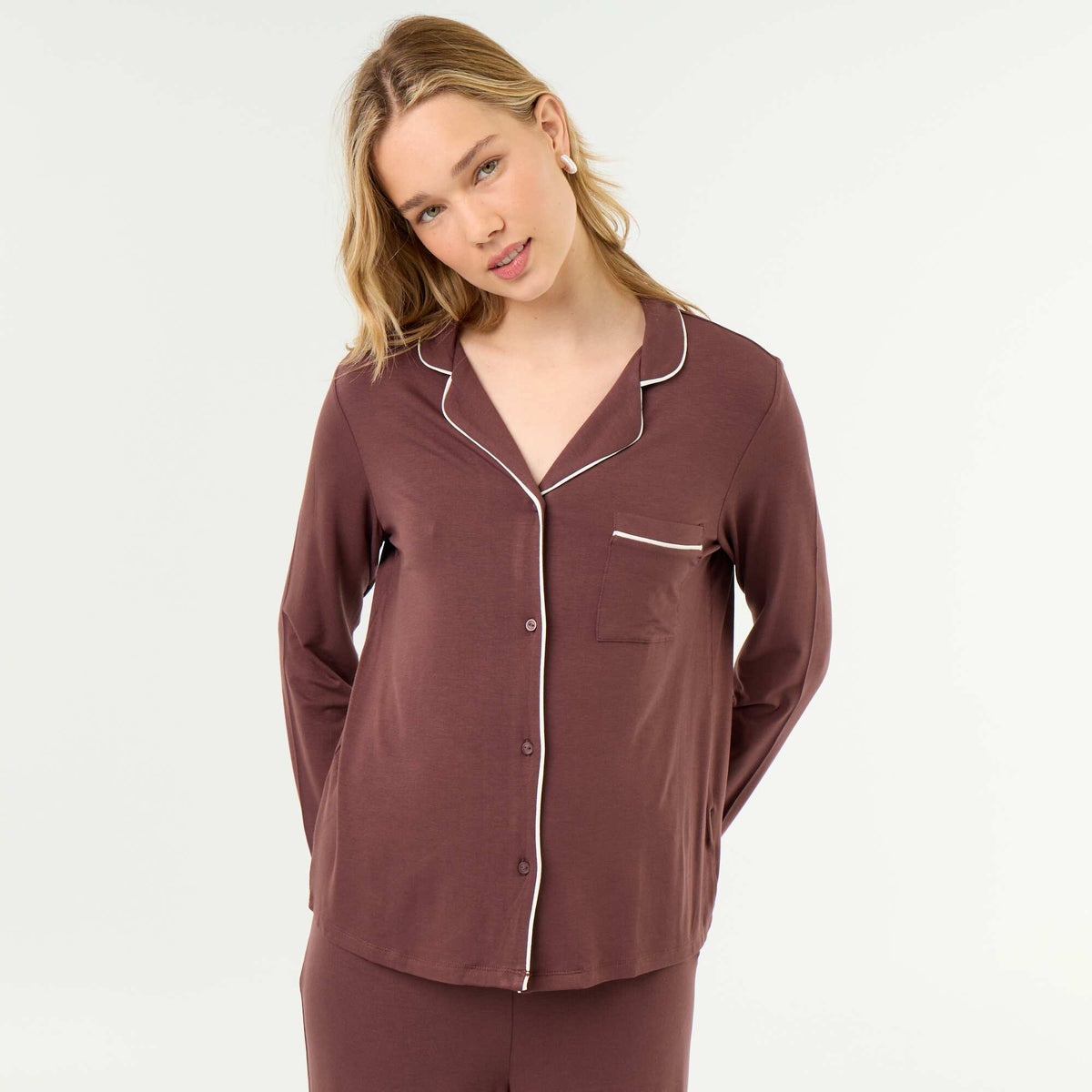 Pyjama long en maille douce stretch - 2 pièces MARRON