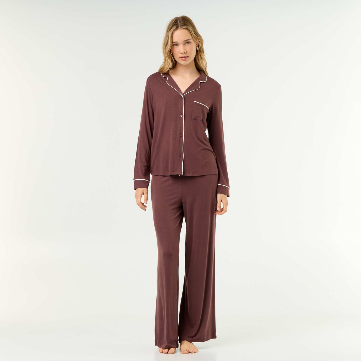 Pyjama long en maille douce stretch - 2 pièces MARRON