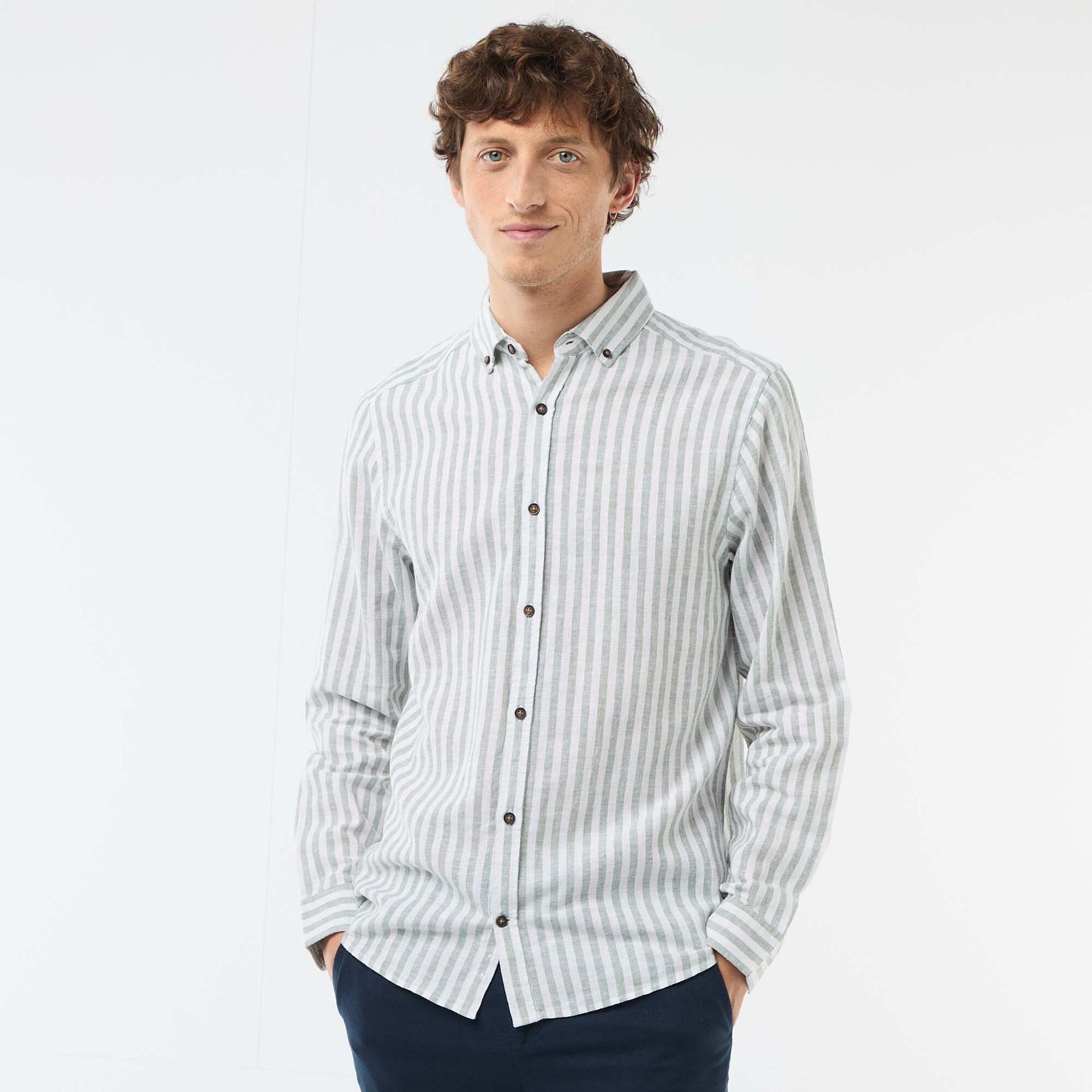 Chemise en lin et coton rayée VERT