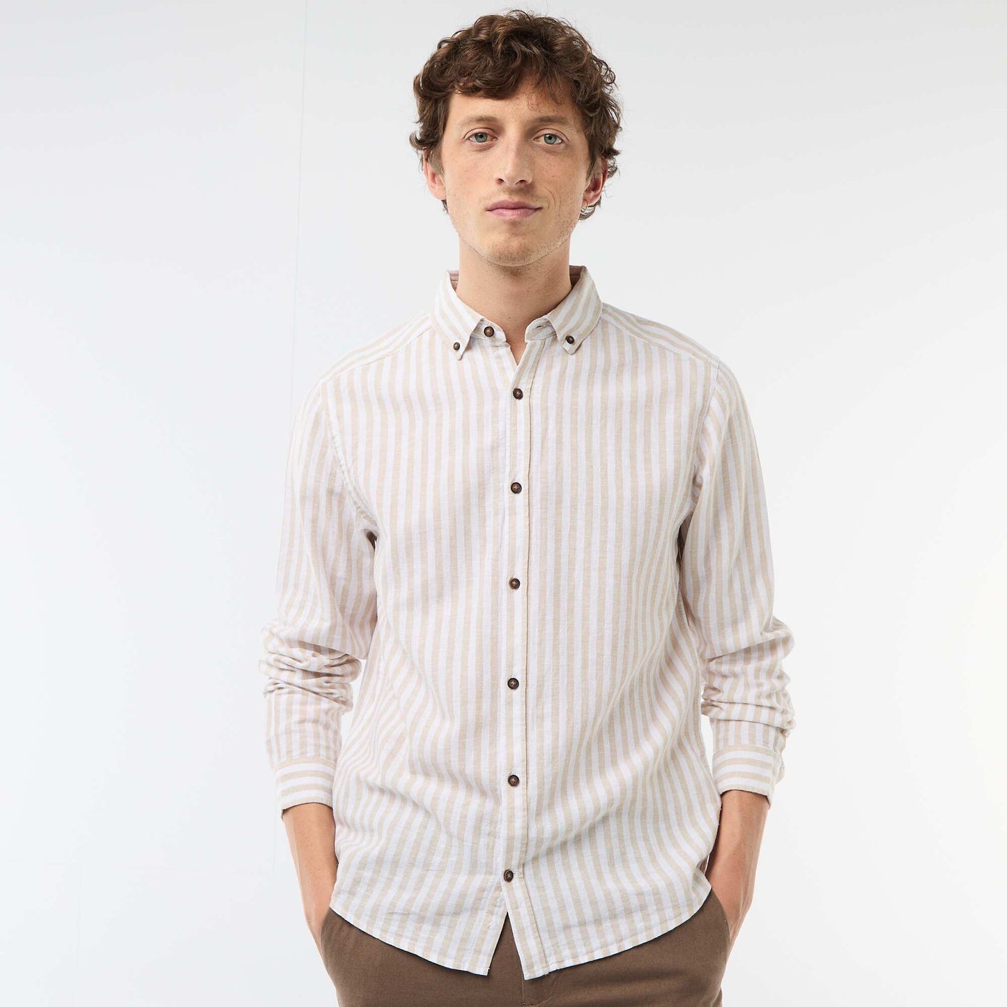 Chemise en lin et coton rayée BEIGE