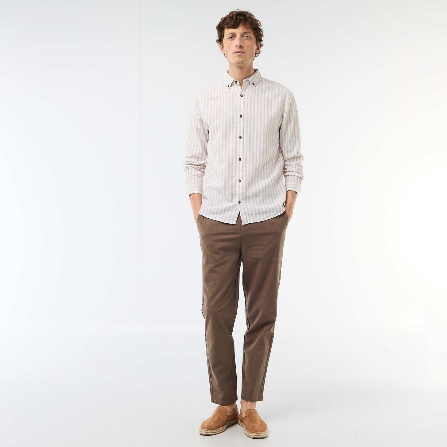 Chemise en lin et coton rayée BEIGE