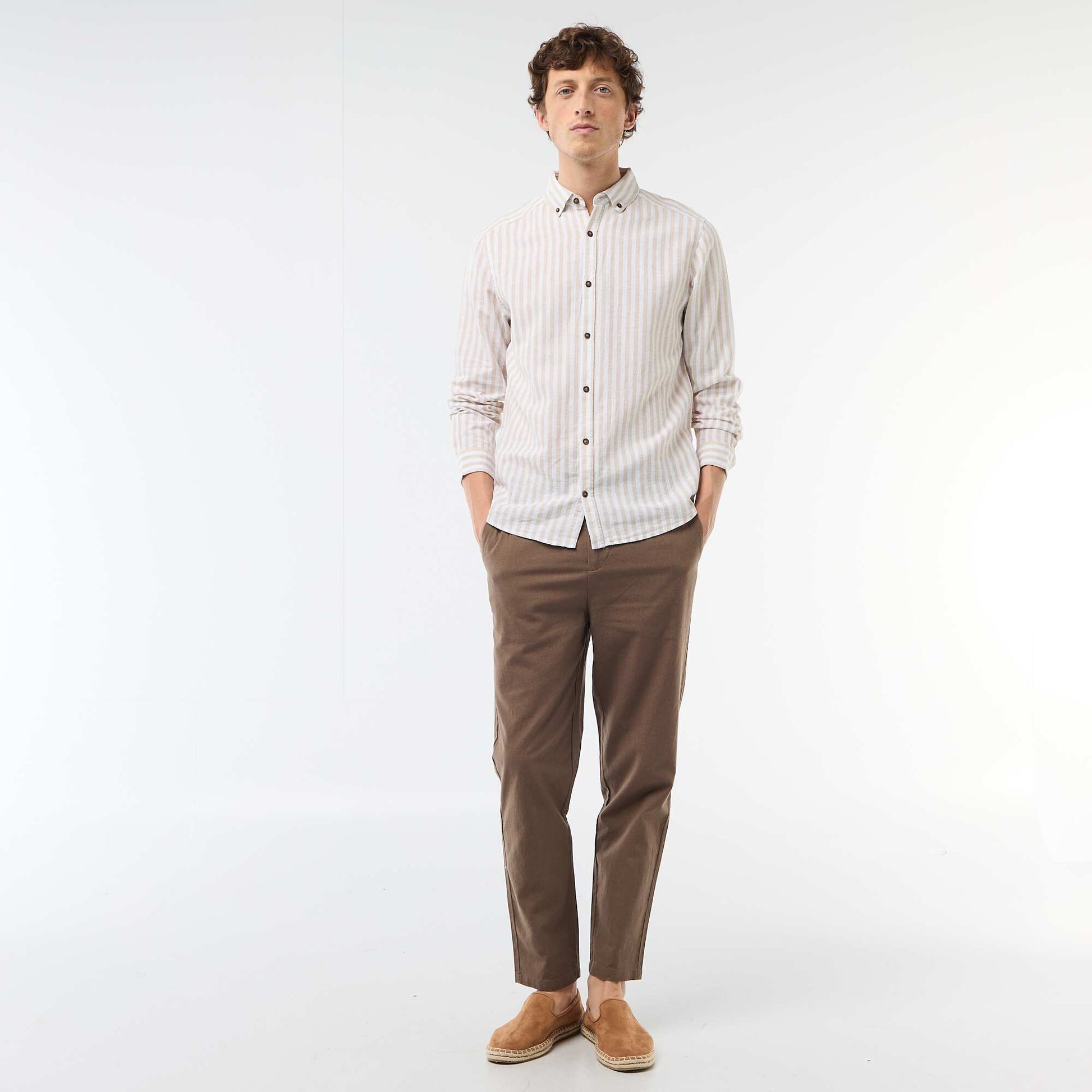Chemise en lin et coton rayée BEIGE