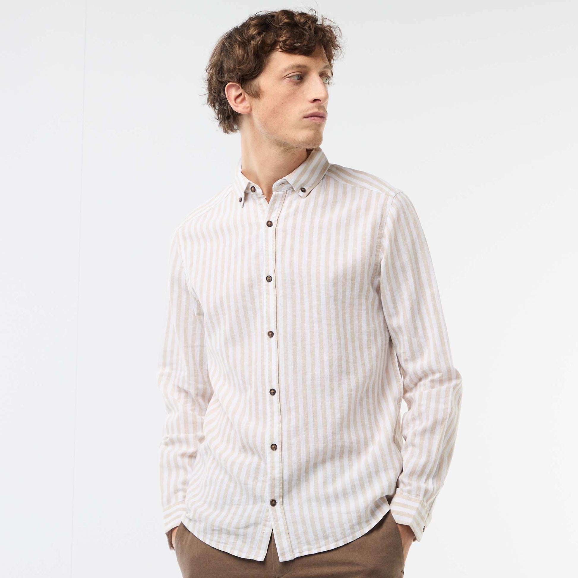 Chemise en lin et coton rayée BEIGE
