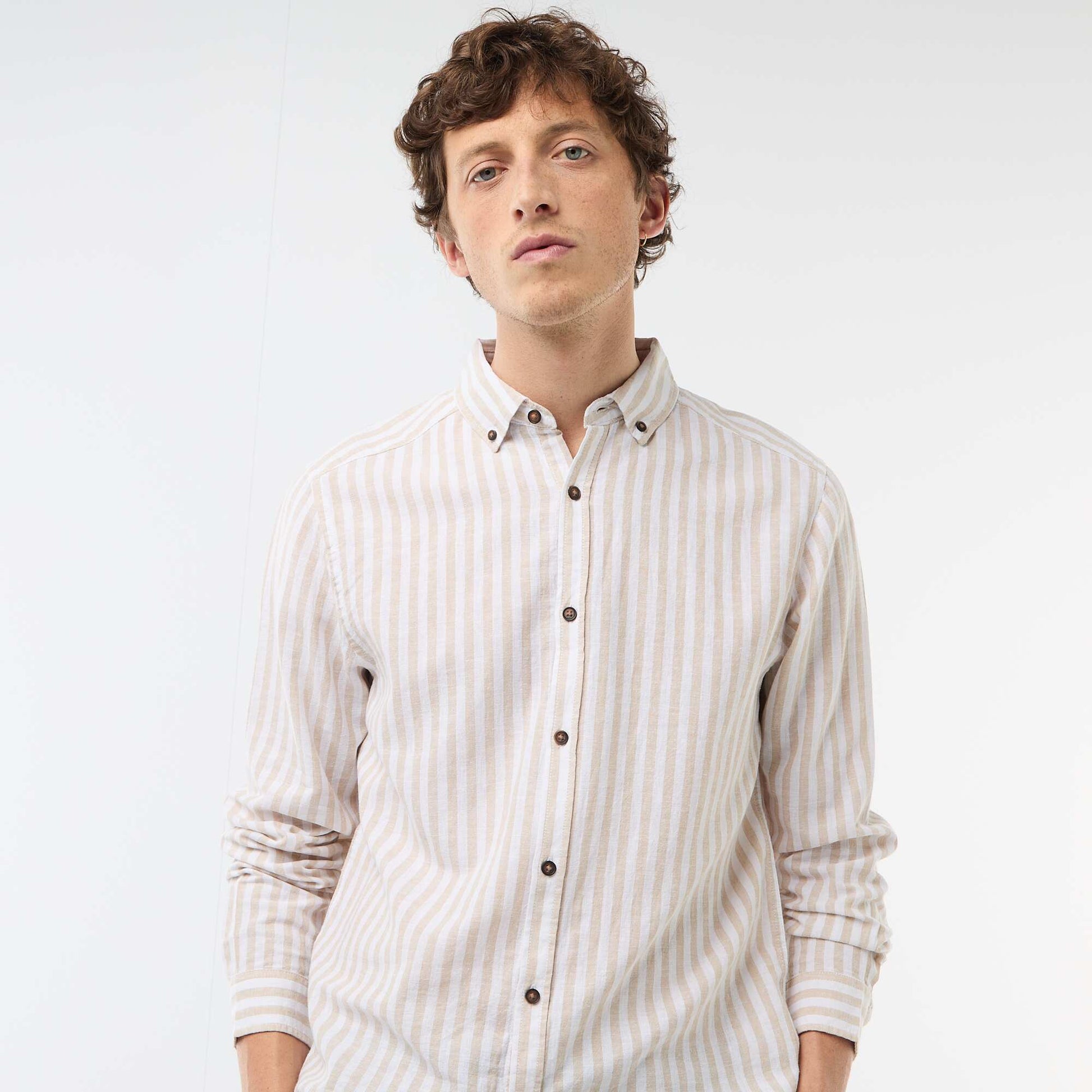 Chemise en lin et coton rayée BEIGE