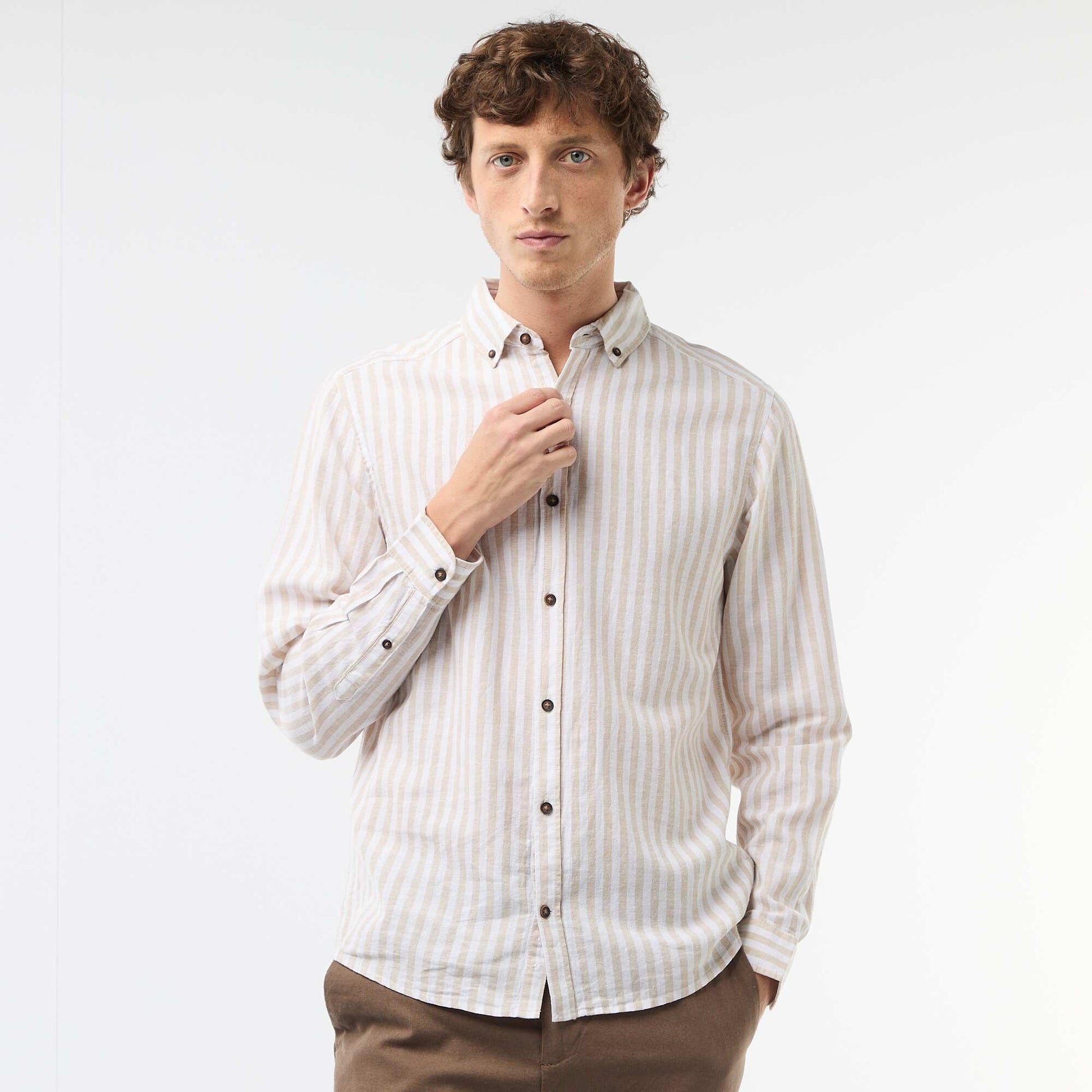 Chemise en lin et coton rayée BEIGE