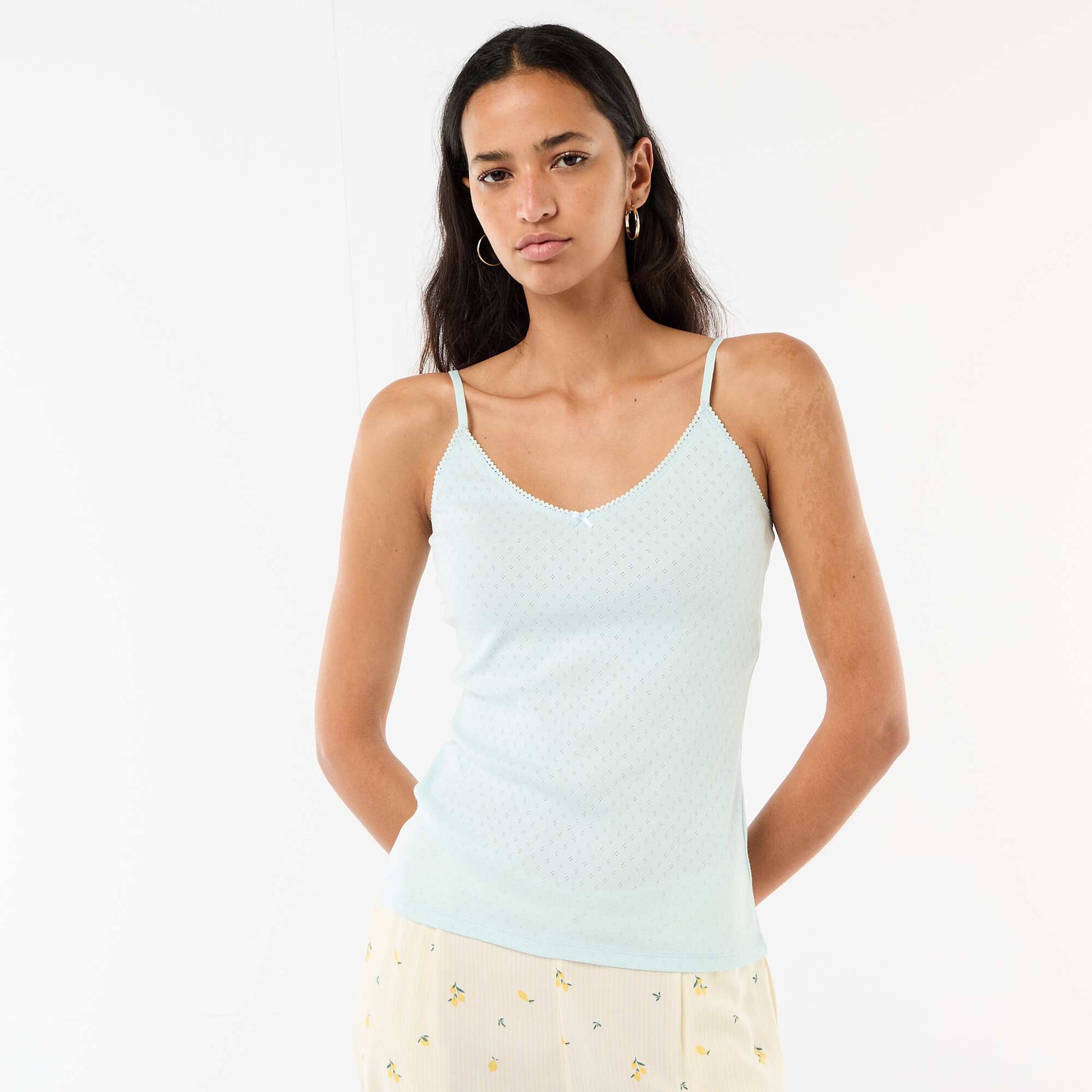 Débardeur fine bretelle réglable en coton uni BLEU