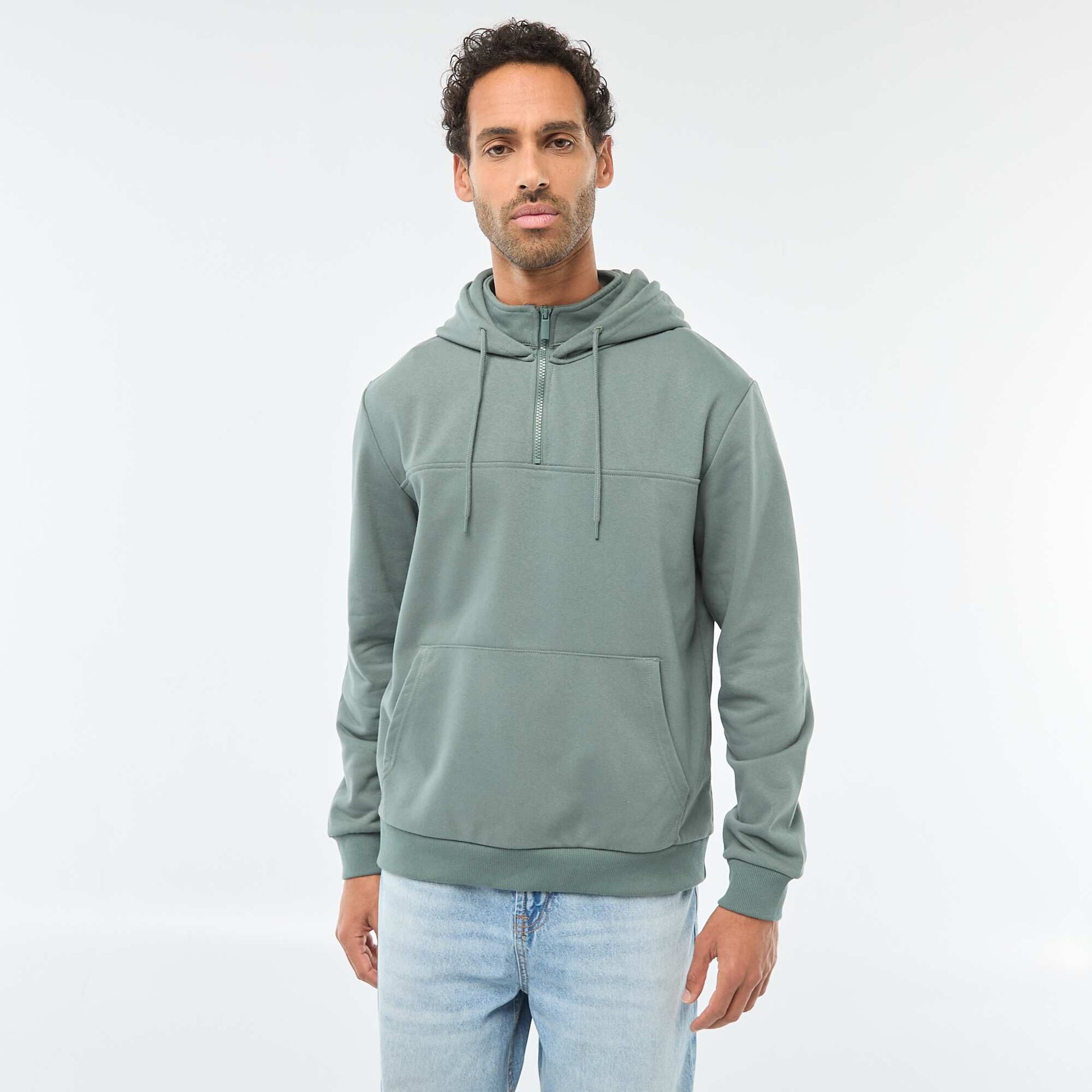 Sweat en molleton à capuche avec ouverture zippée au col VERT
