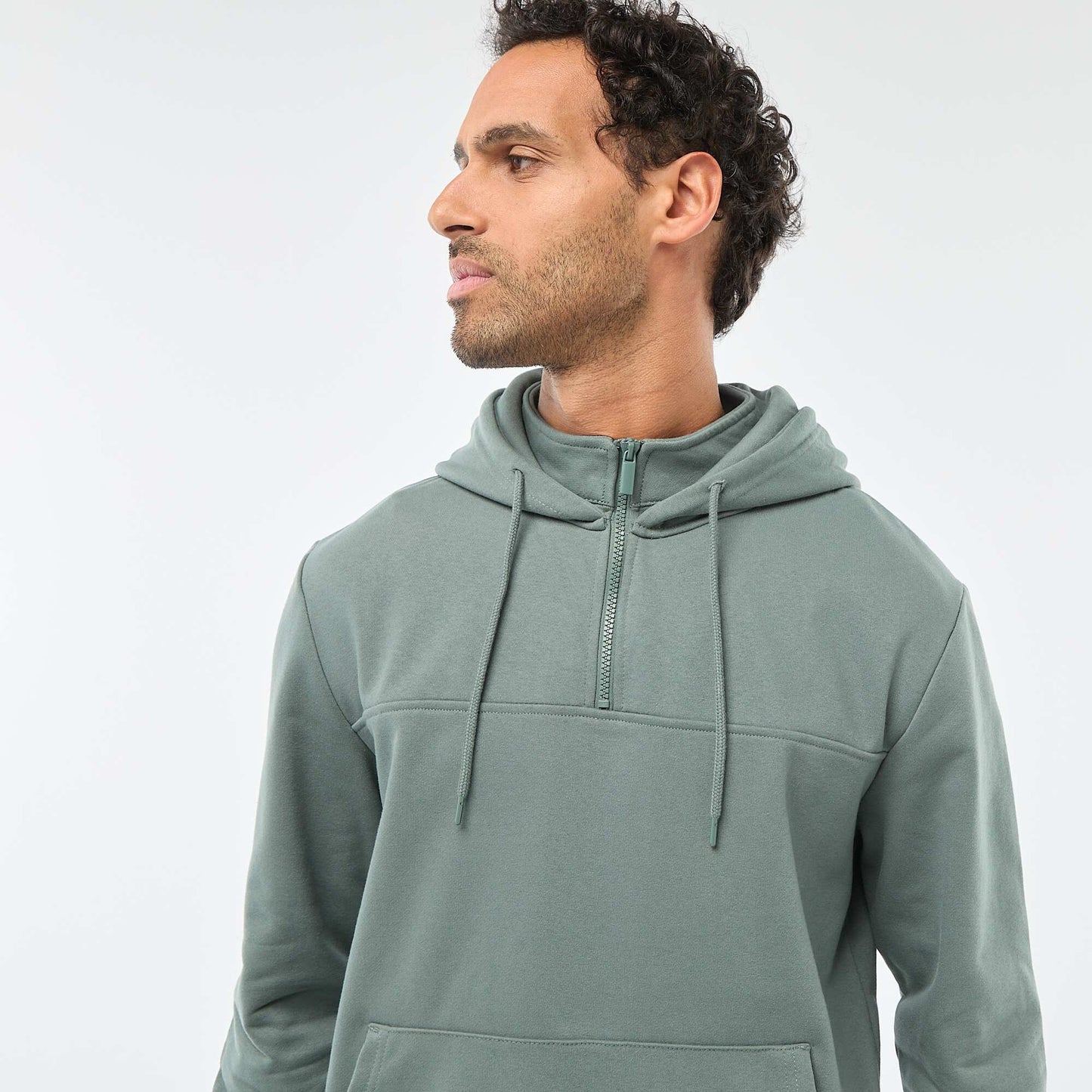 Sweat en molleton à capuche avec ouverture zippée au col VERT