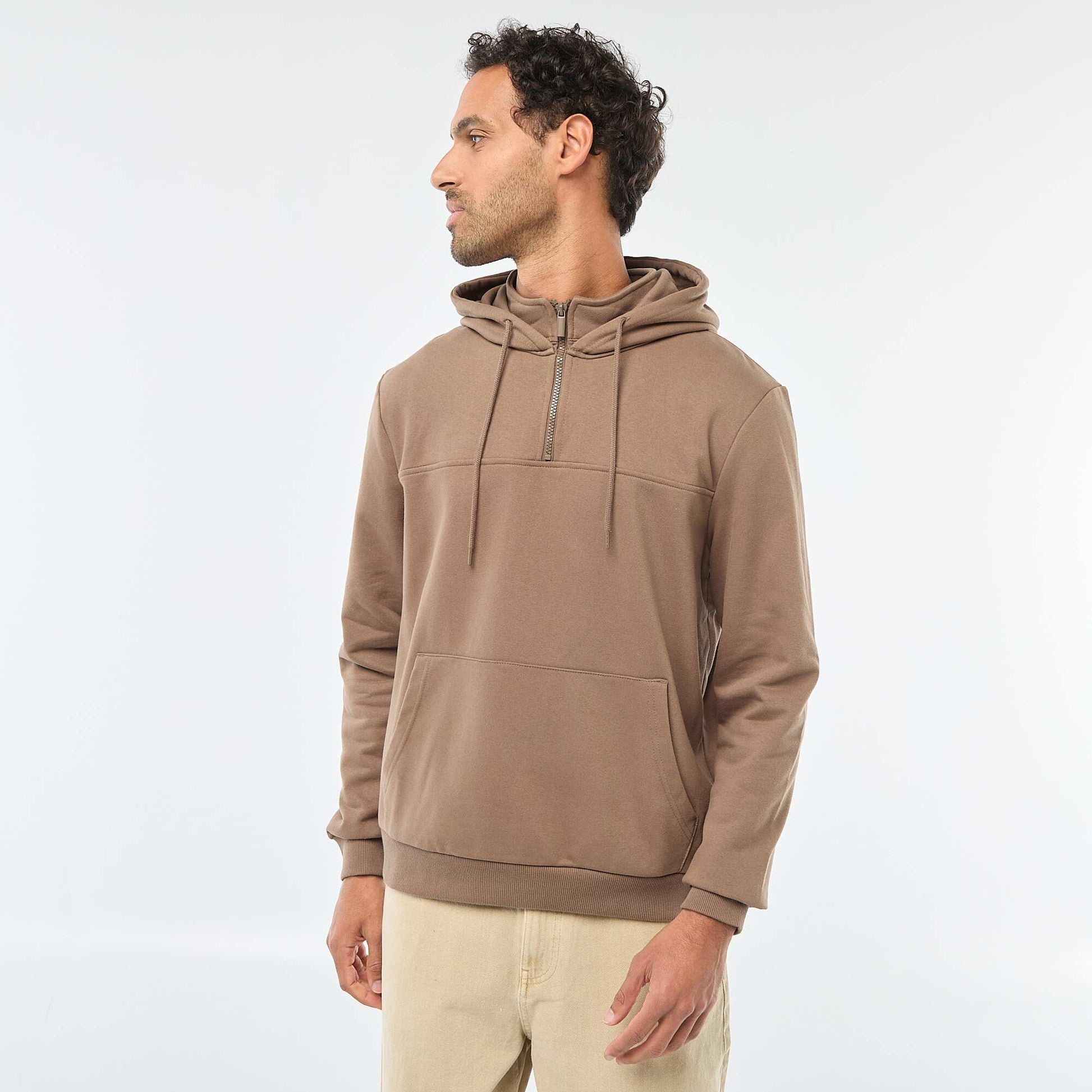 Sweat en molleton à capuche avec ouverture zippée au col MARRON