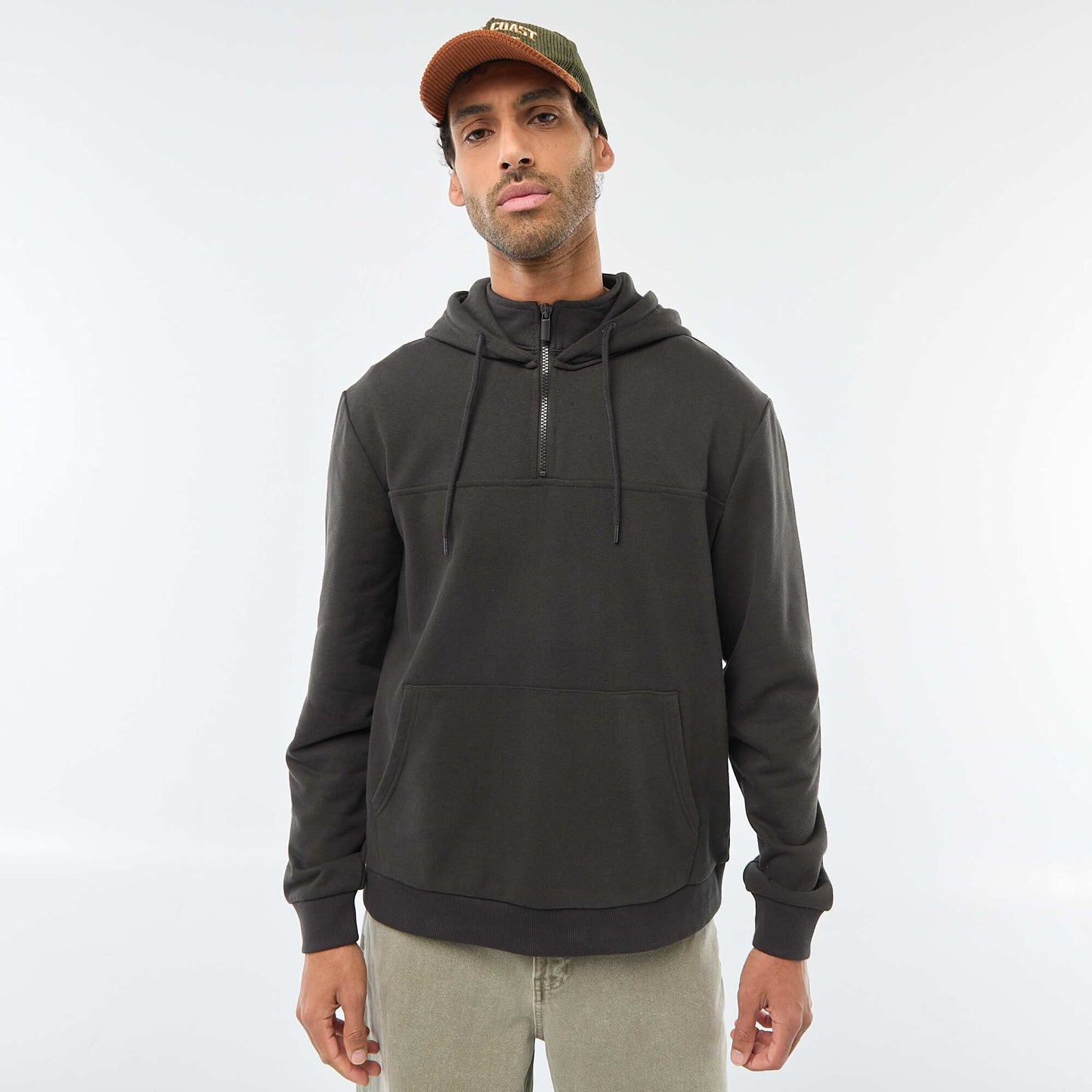Sweat en molleton à capuche avec ouverture zippée au col GRIS