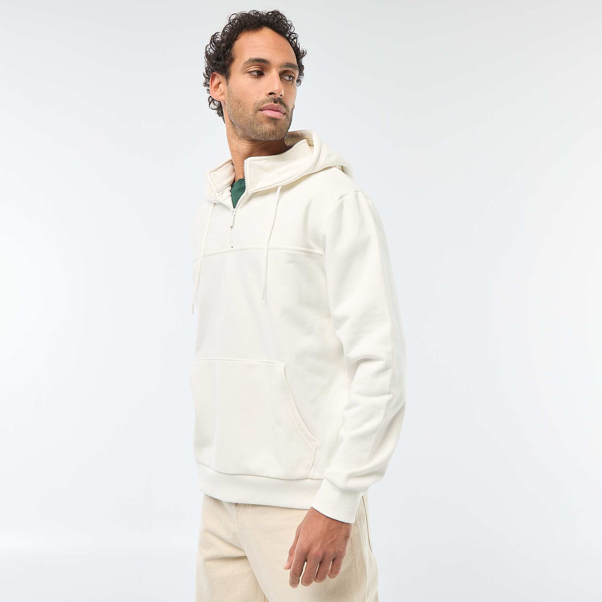 Sweat en molleton à capuche avec ouverture zippée au col BLANC