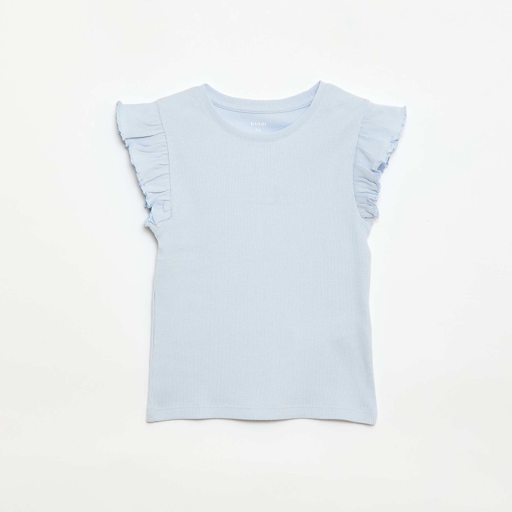 T-shirt côtelé à manches volantées BLEU