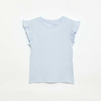 T-shirt côtelé à manches volantées BLEU