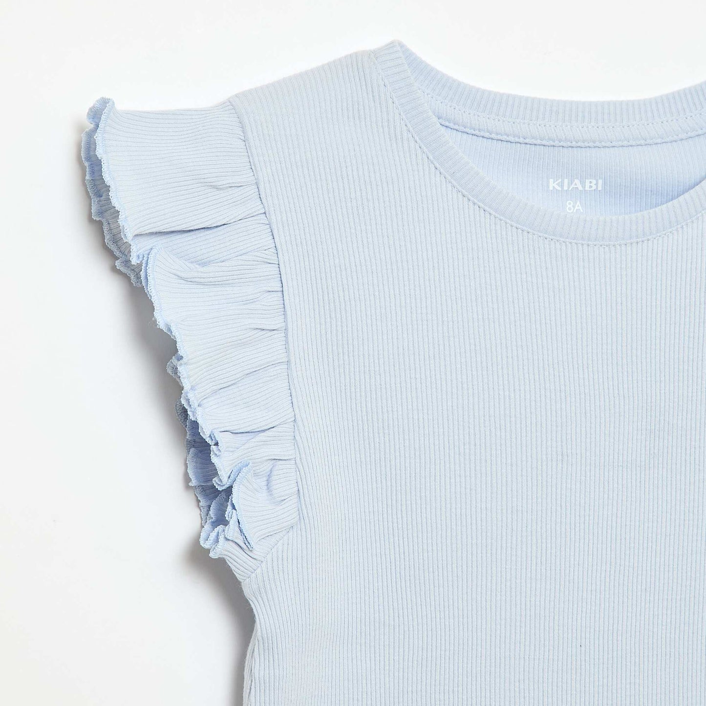 T-shirt côtelé à manches volantées BLEU