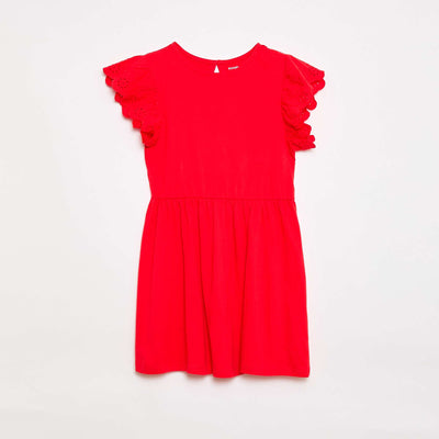 Robe en jersey avec manches courtes en broderies anglaises ROUGE