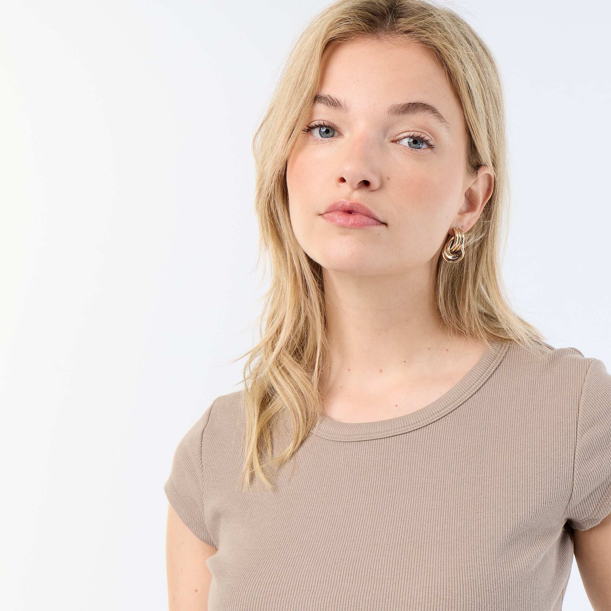 T-shirt en jersey manches courtes côtelé TAUPE