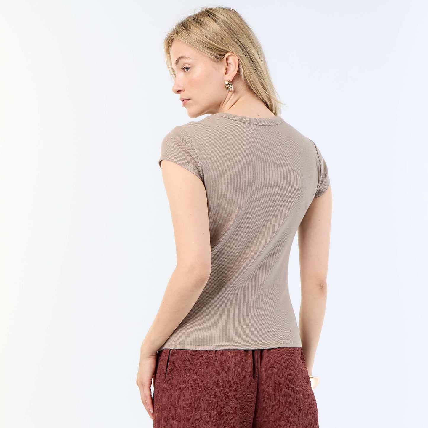 T-shirt en jersey manches courtes côtelé TAUPE
