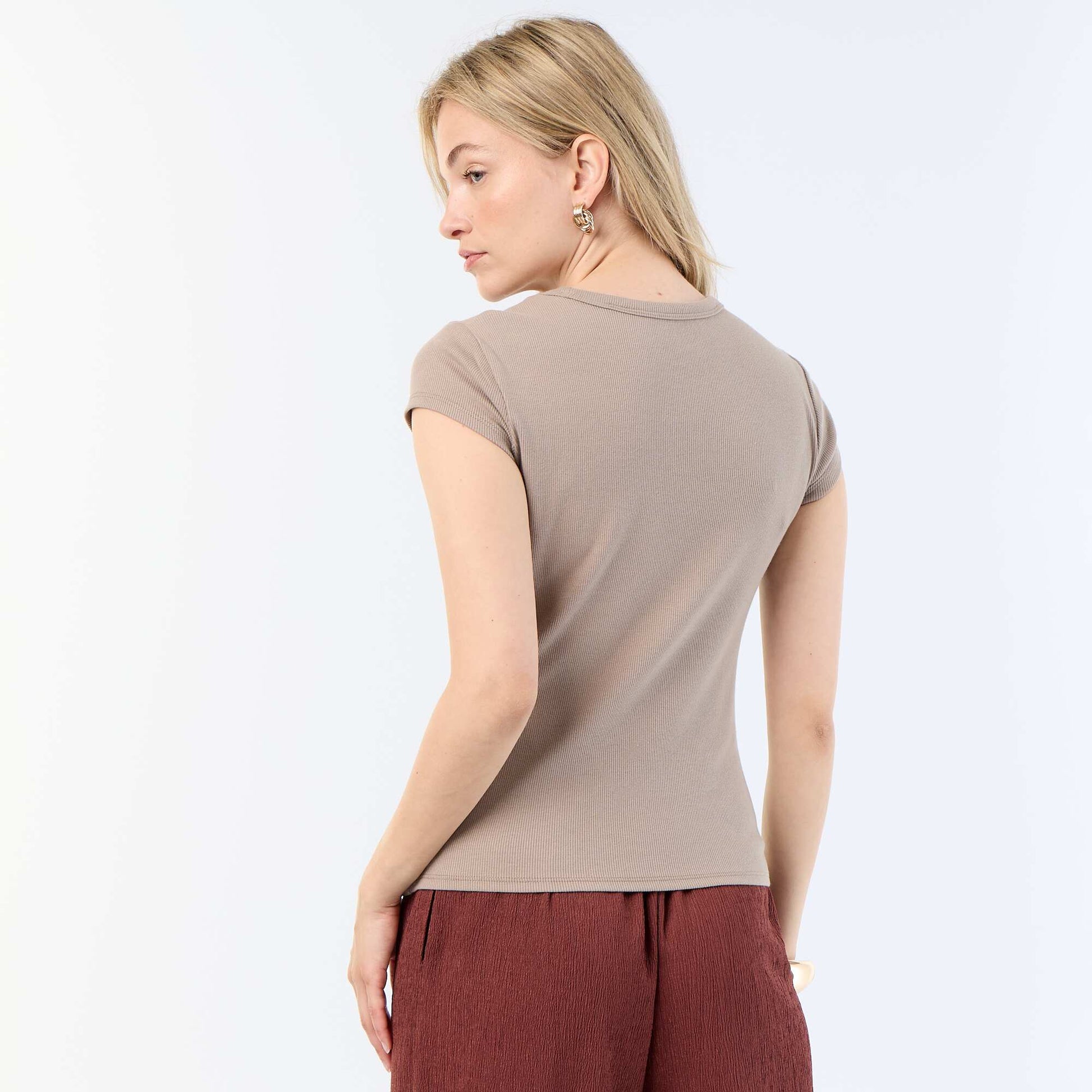 T-shirt en jersey manches courtes côtelé TAUPE