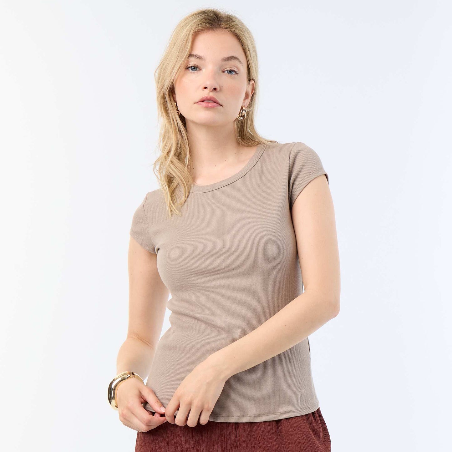 T-shirt en jersey manches courtes côtelé TAUPE