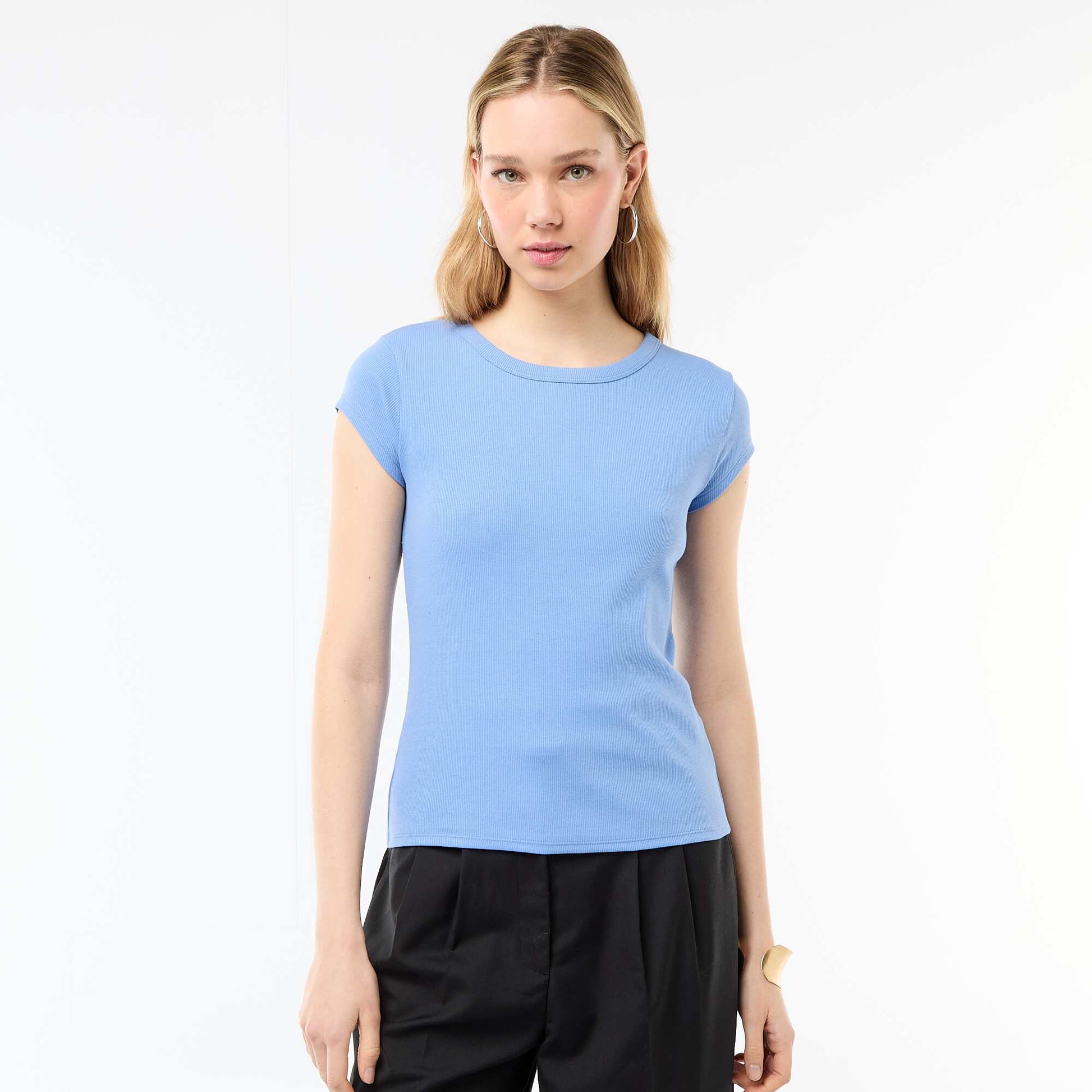 T-shirt en jersey manches courtes côtelé BLEU