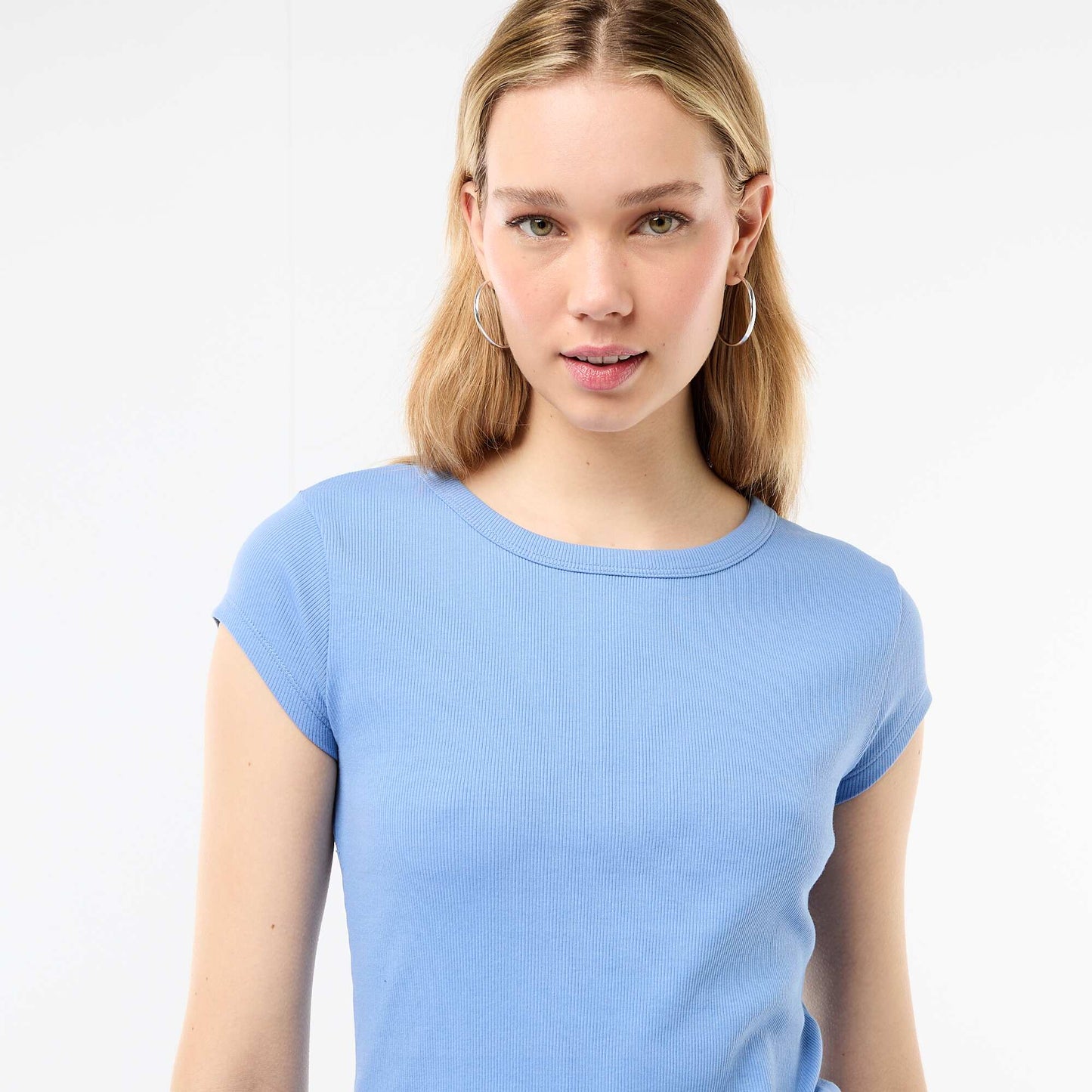 T-shirt en jersey manches courtes côtelé BLEU