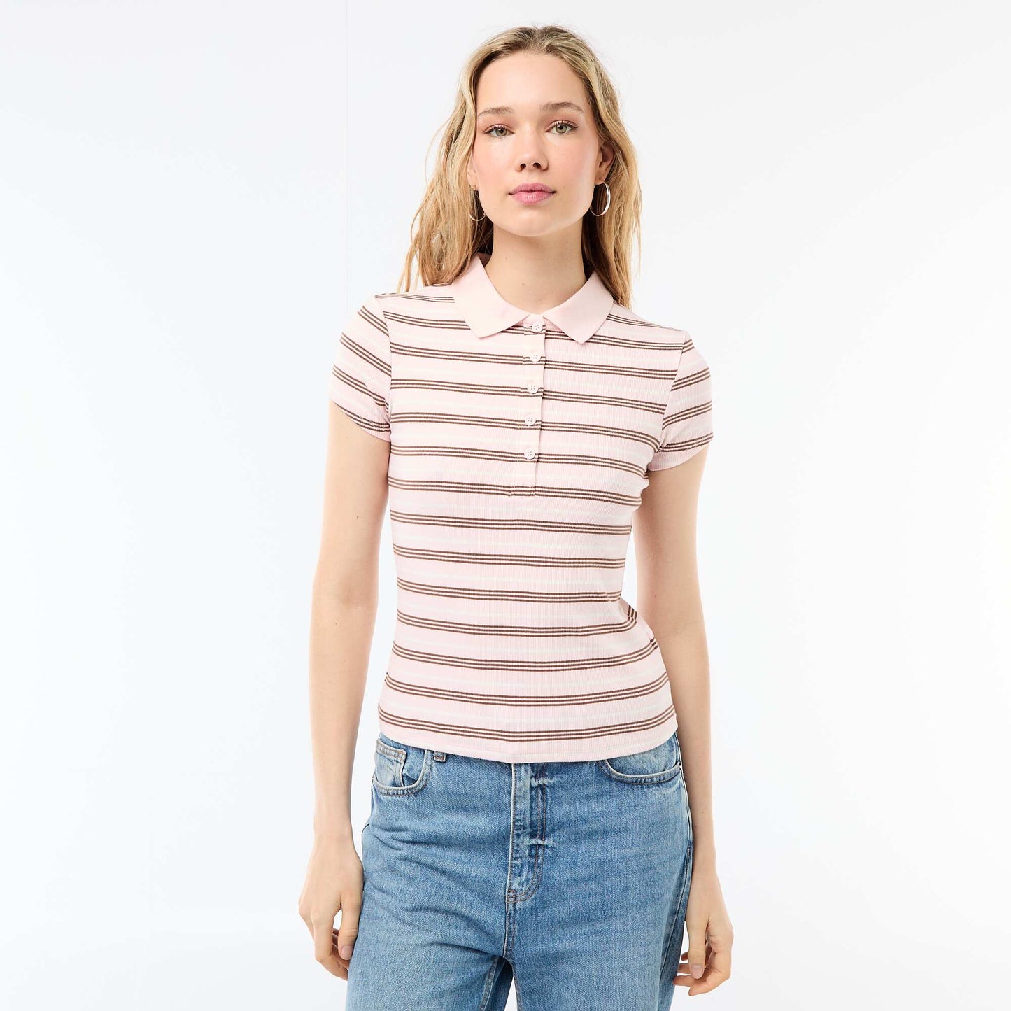 Polo en maille côtelé à manches courtes ROSE