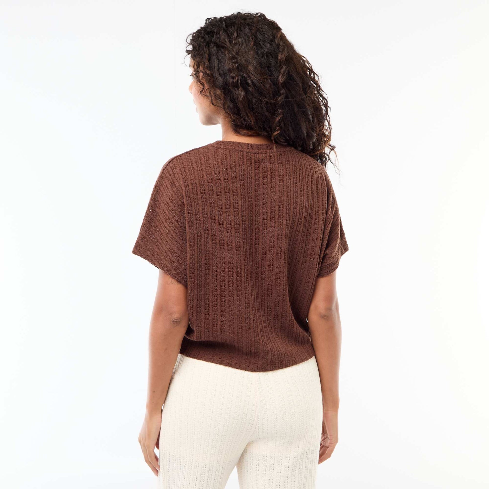 Pull en maille ajourée à manches courtes MARRON