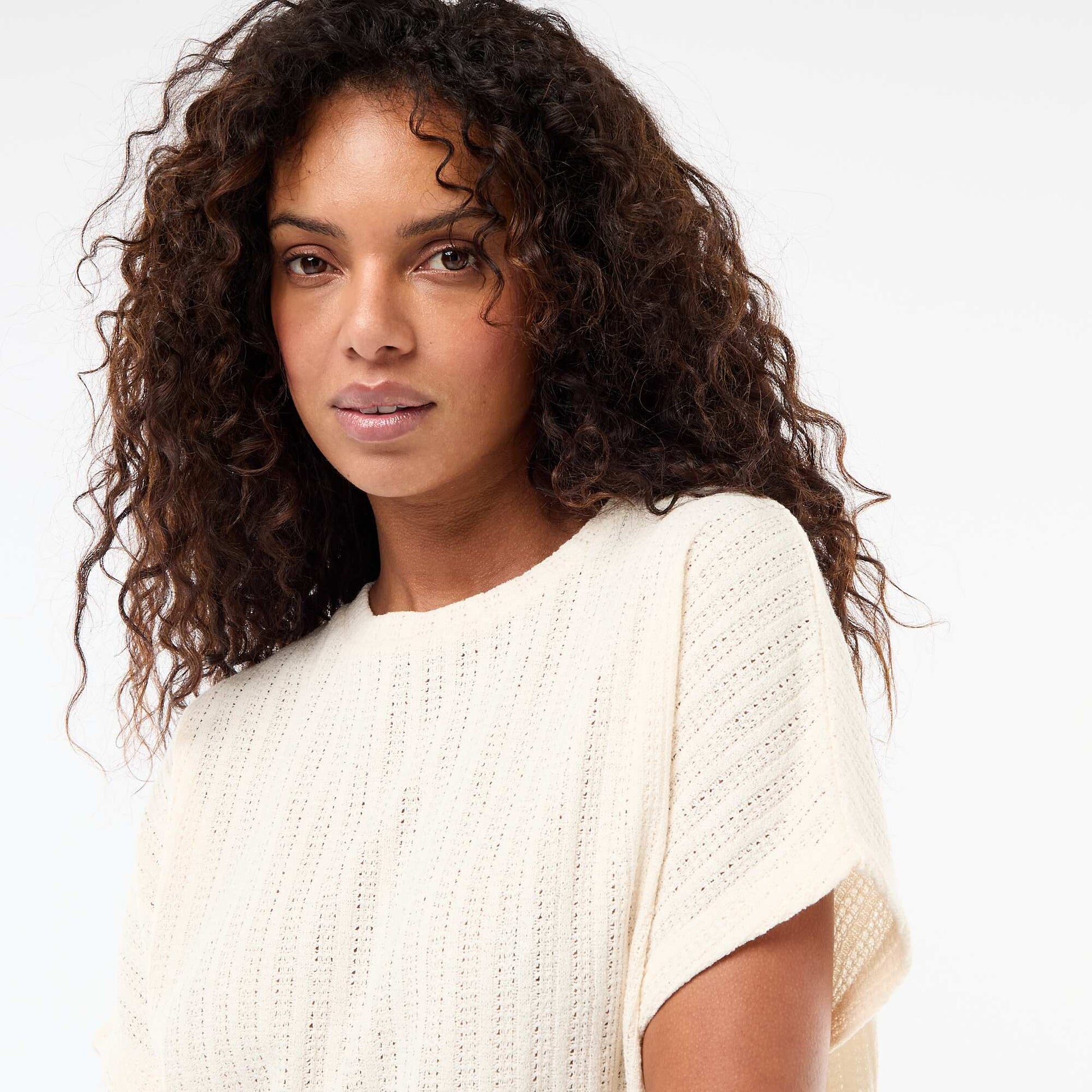 Pull en maille ajourée à manches courtes BLANC