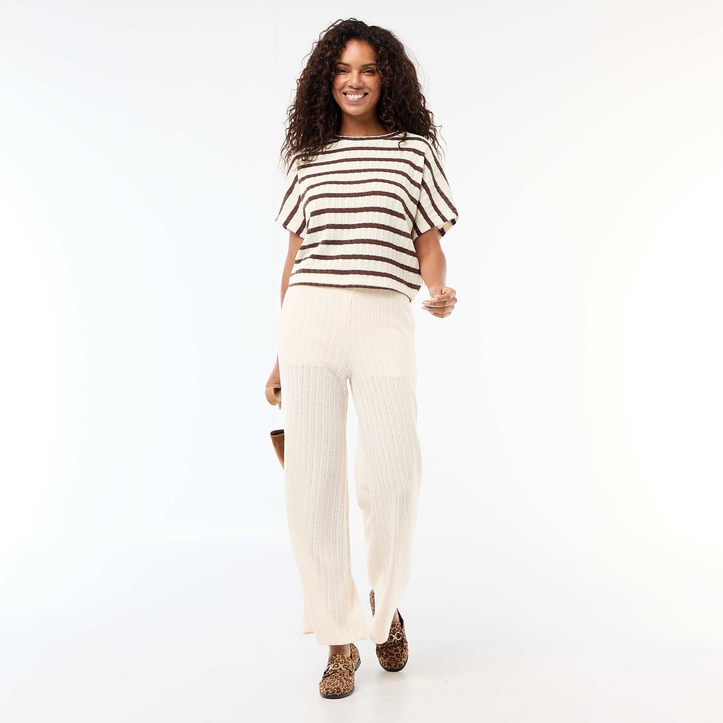 Pull en maille ajourée à manches courtes BEIGE