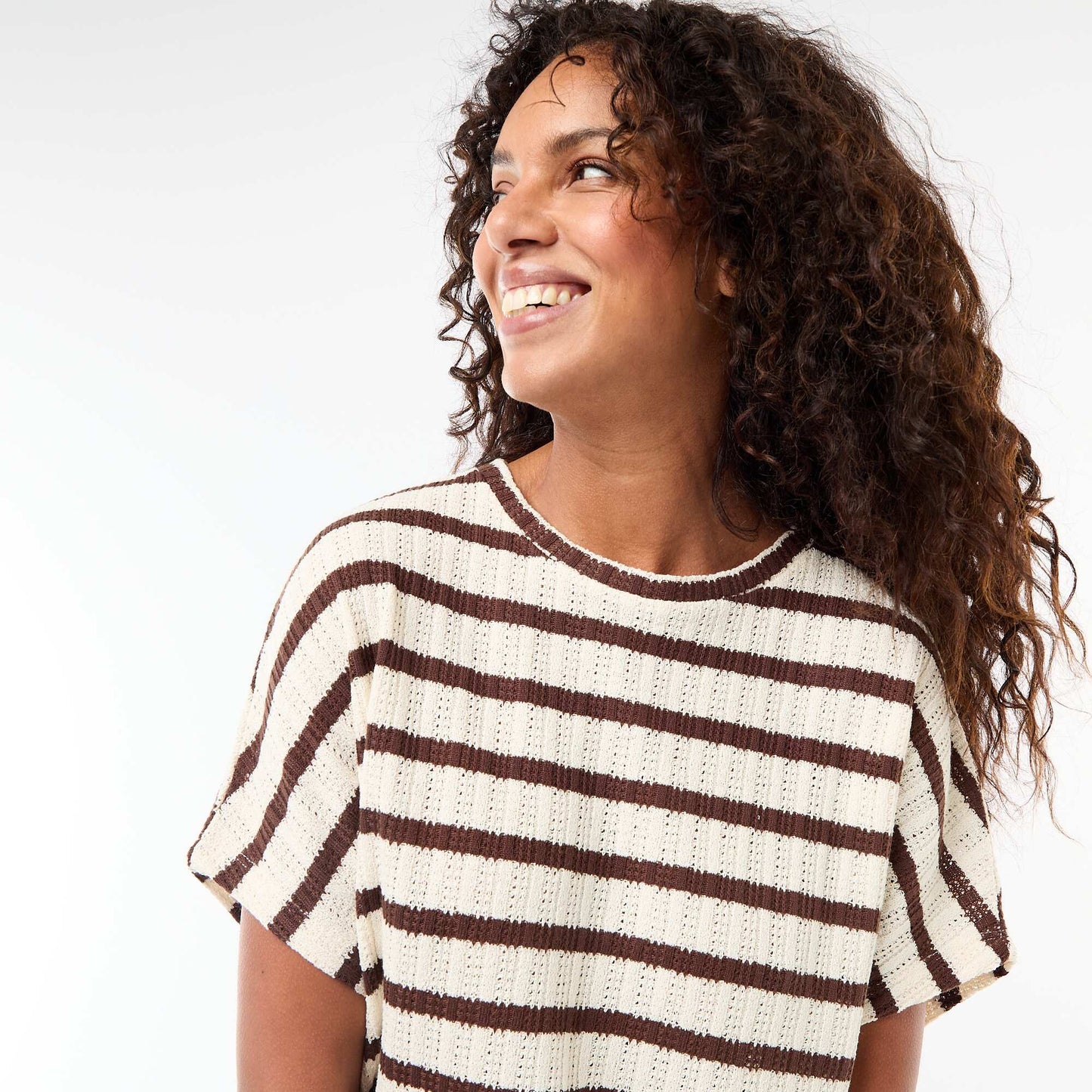 Pull en maille ajourée à manches courtes BEIGE