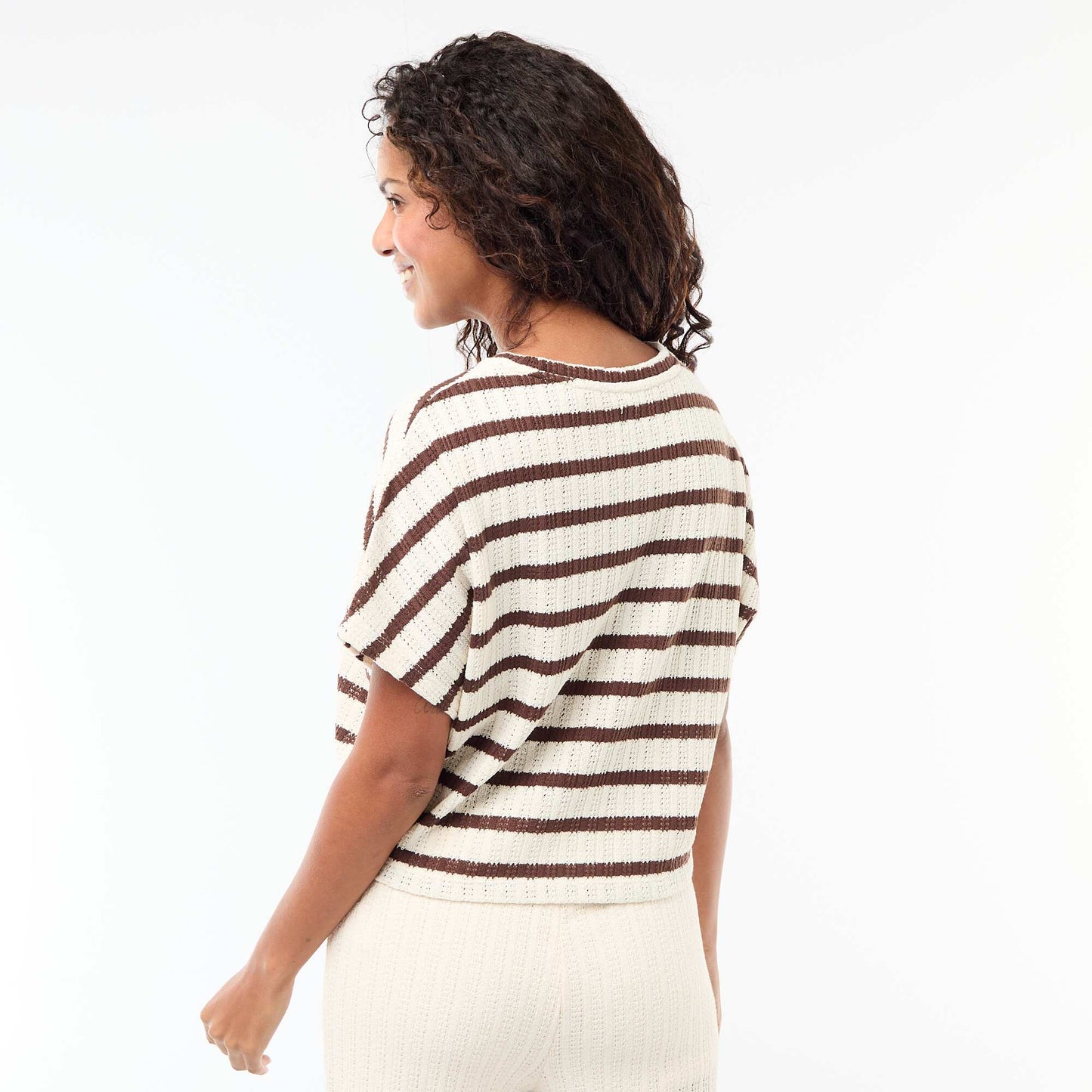 Pull en maille ajourée à manches courtes BEIGE