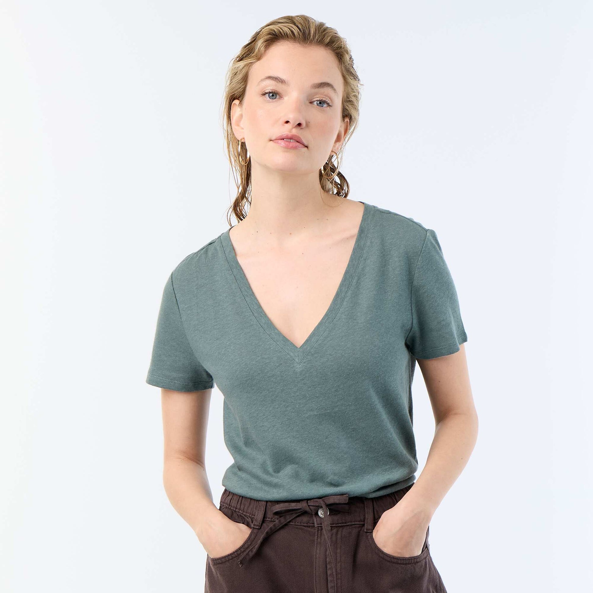 T-shirt basique à manches courtes col V VERT