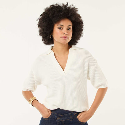 Pull esprit polo avec encolure V BLANC