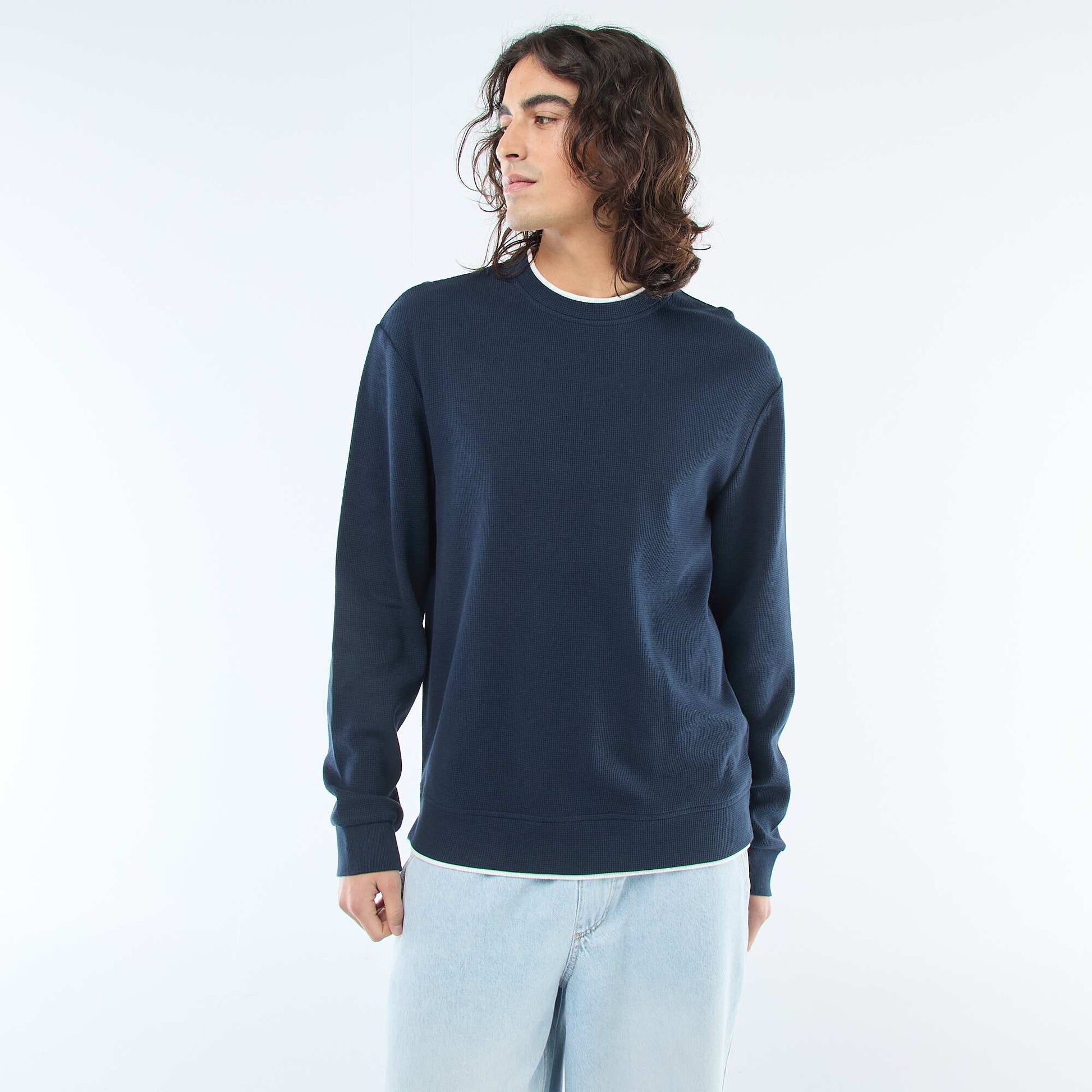 Pull col rond nid d'abeille BLEU