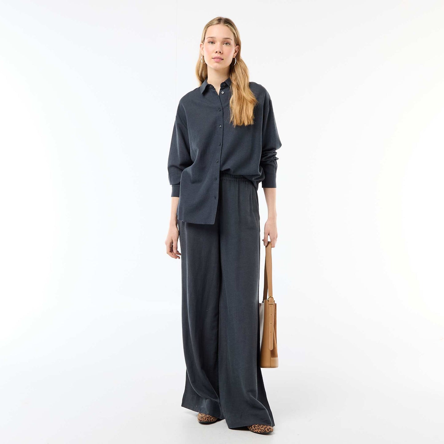 Pantalon palazzo en lin mélangé BLEU