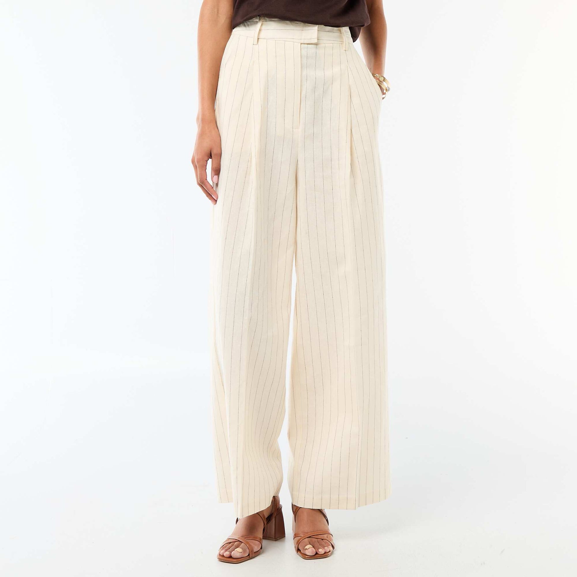 Pantalon large de cérémonie en lin mélangé BEIGE