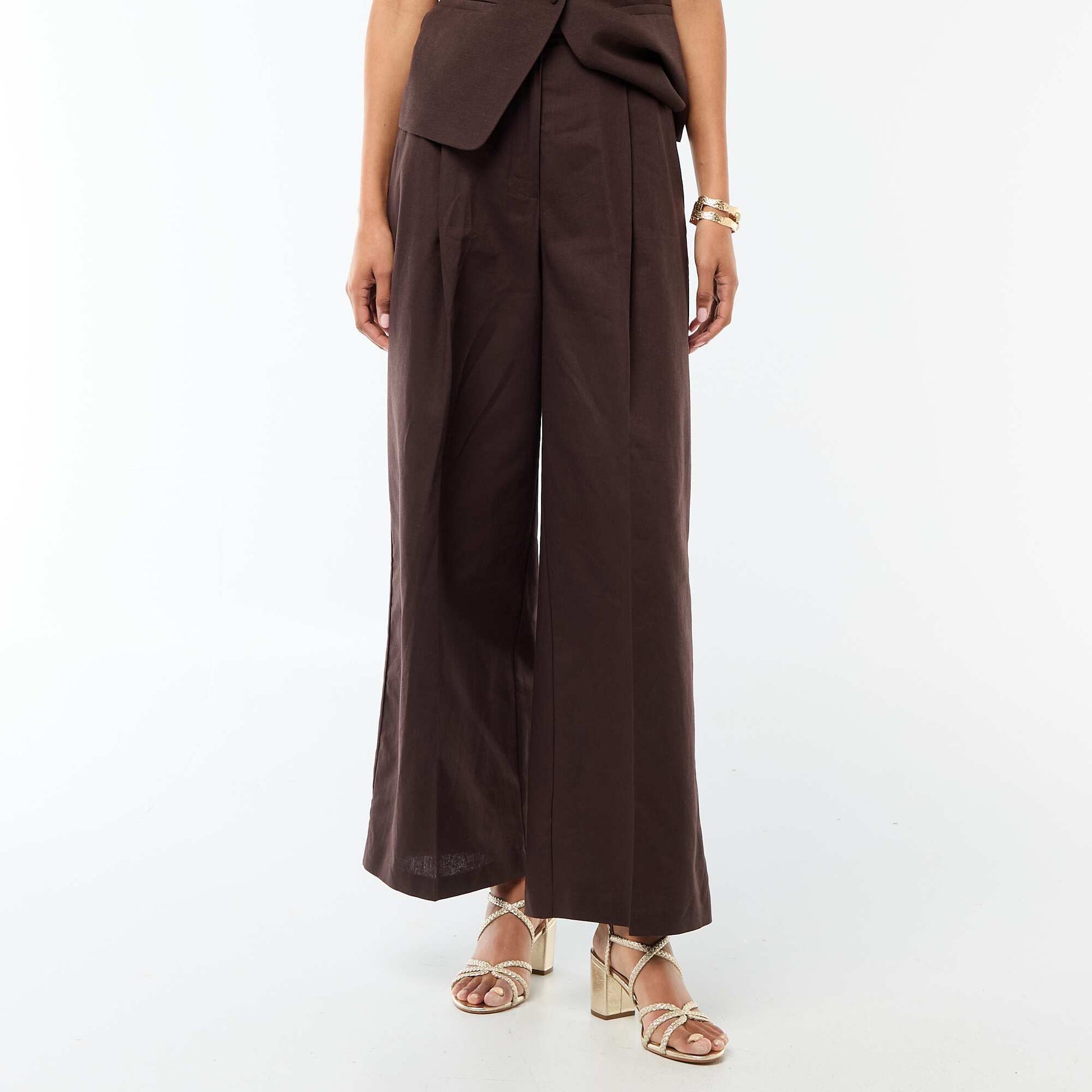 Pantalon large de cérémonie en lin mélangé MARRON