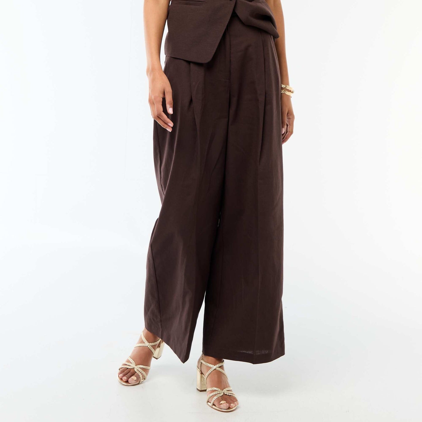Pantalon large de cérémonie en lin mélangé MARRON