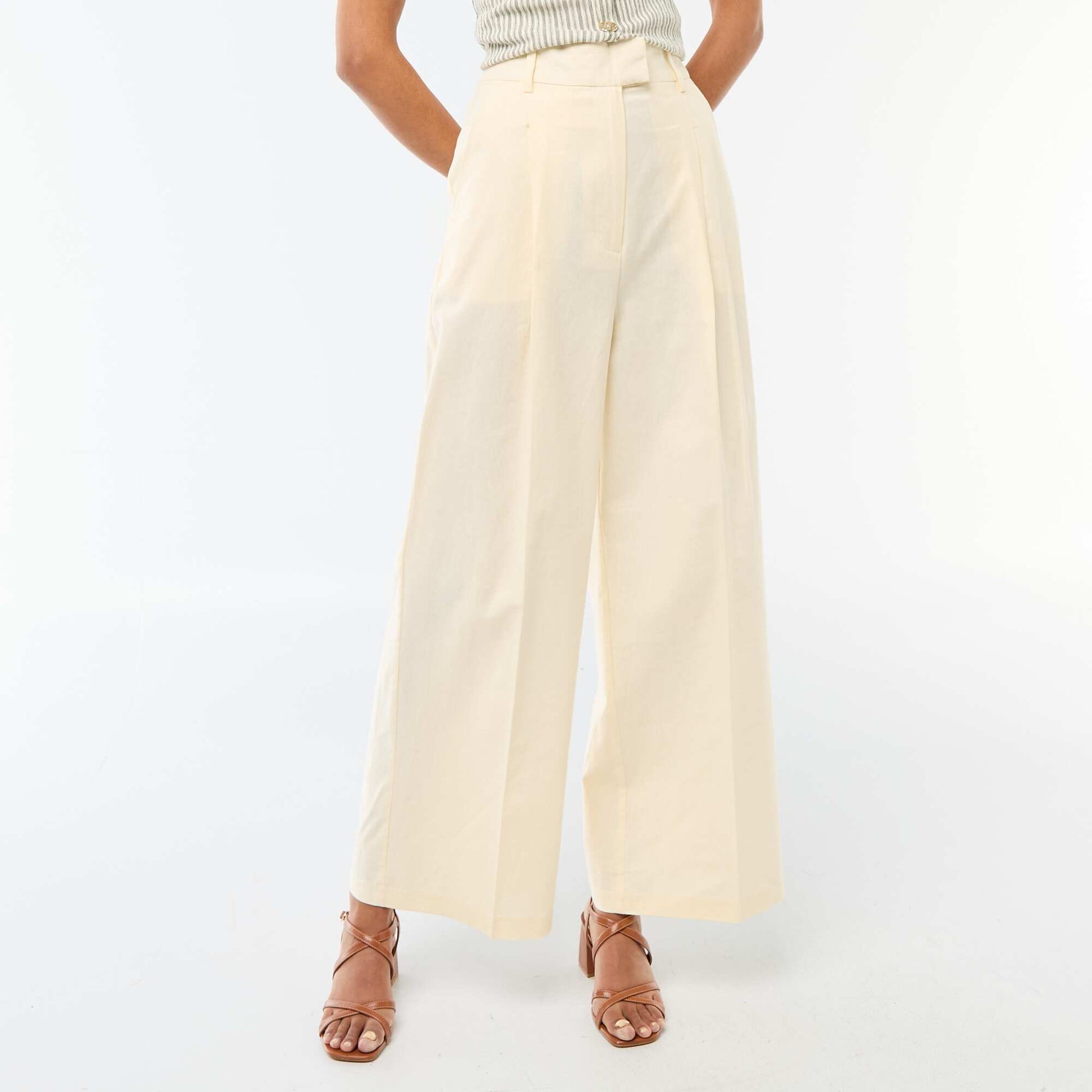 Pantalon large de cérémonie en lin mélangé BEIGE