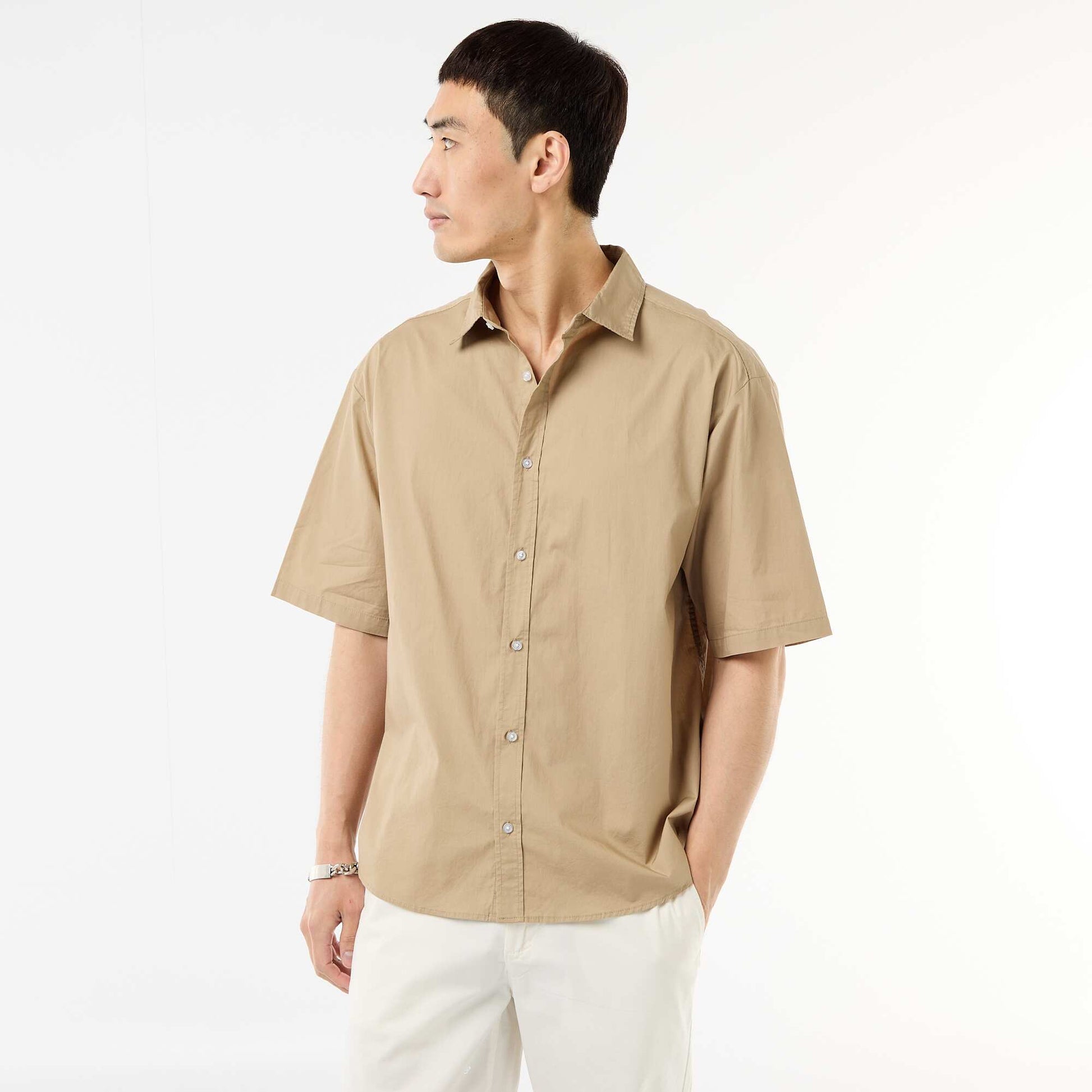 Chemise à manches courtes en popeline BEIGE